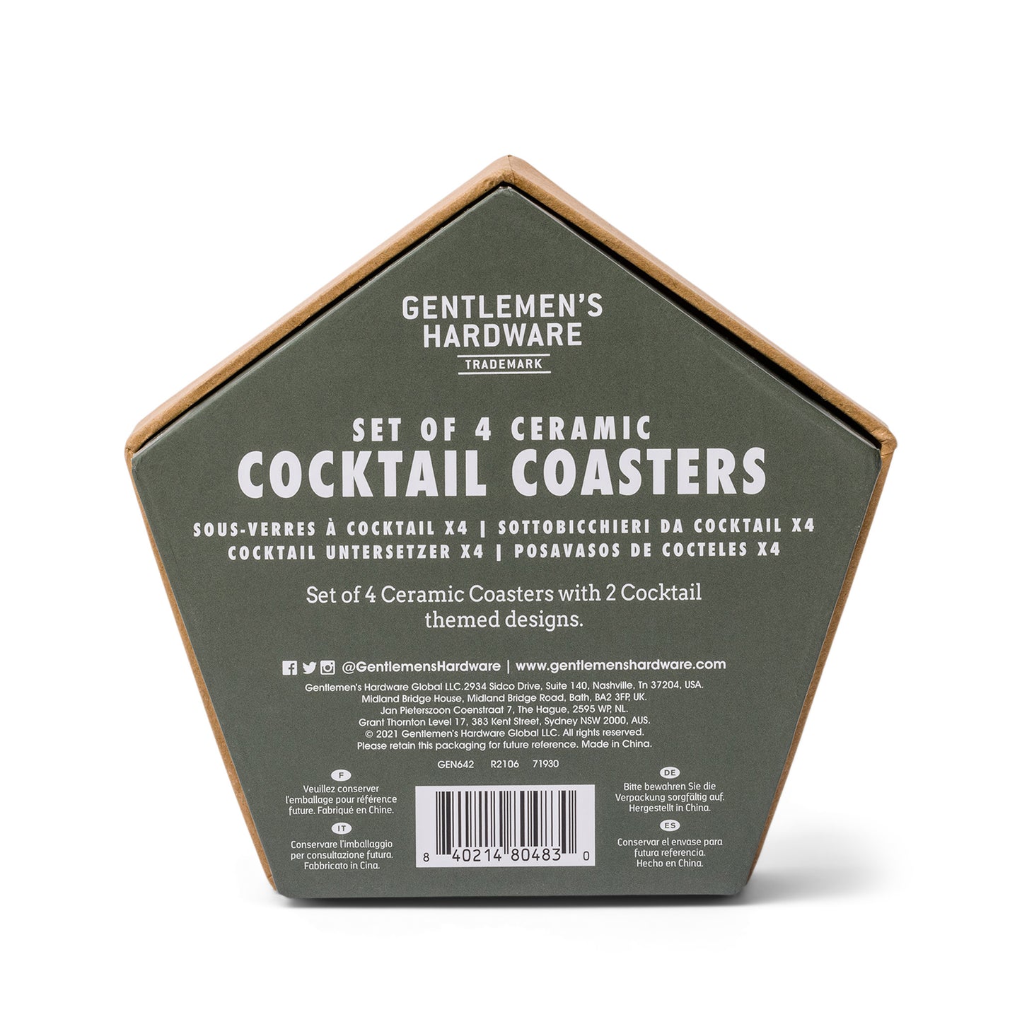 A pentagon-shaped box labeled Cocktail Coasters, Set of 4 from Gentlemen’s Hardware, this stylish ceramic barware set features detailed multilingual packaging and comprehensive coaster information.
