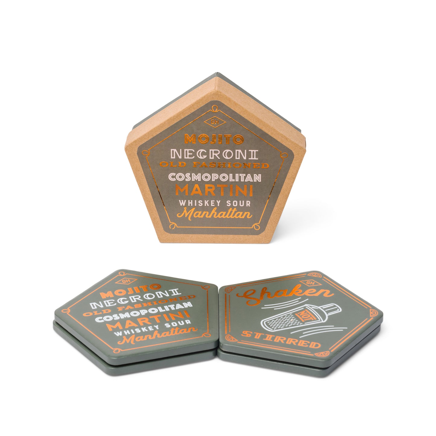 The Cocktail Coasters, Set of 4 features ceramic pentagon-shaped coasters with cocktail names and a shaker illustration—an eye-catching addition to your barware collection.