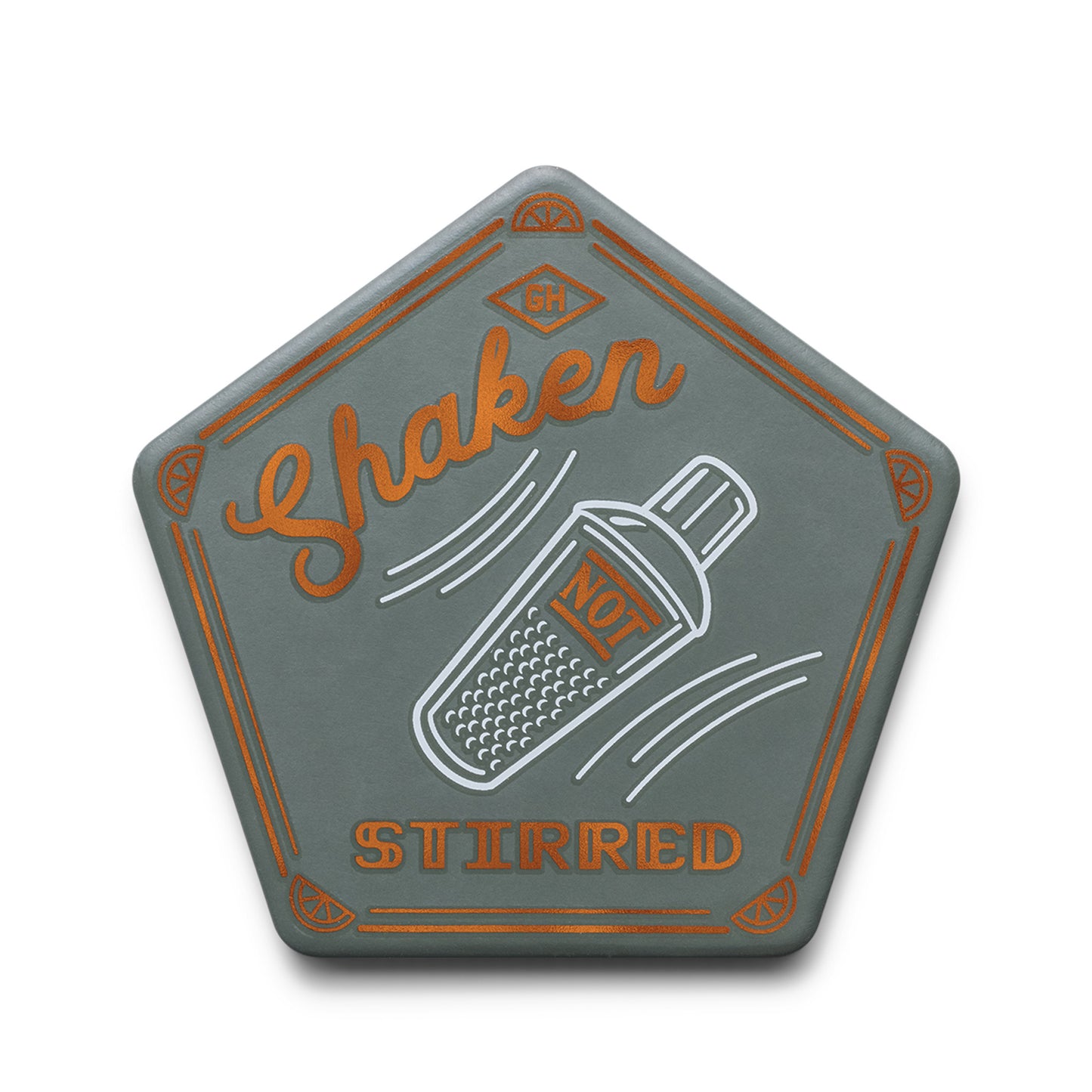 Add flair to your bar with this pentagon-shaped sign, featuring a cocktail shaker and “Shaken NOT Stirred” in orange and white on gray—perfect complement to the Cocktail Coasters, Set of 4.