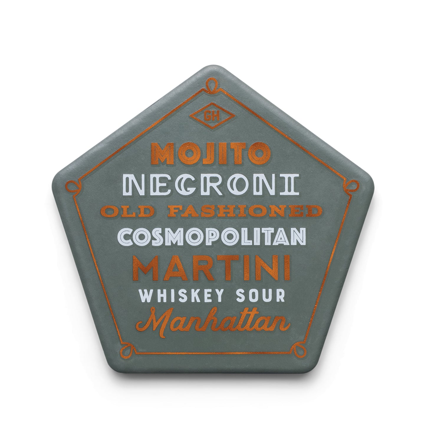 The Cocktail Coasters, Set of 4, features pentagon-shaped ceramic coasters printed with Mojito, Negroni, Old Fashioned, and Martini in stylish fonts—adding unique flair to your barware.