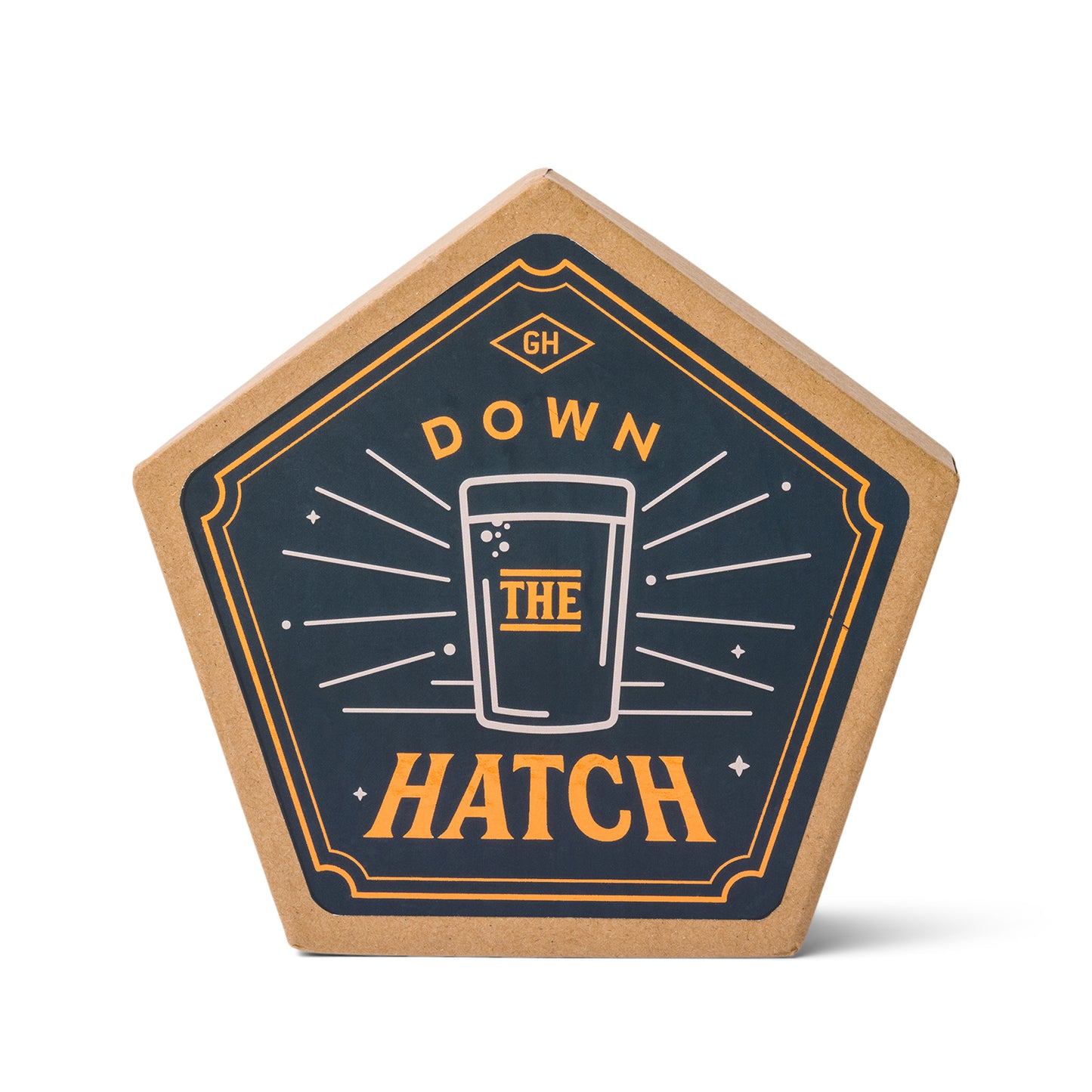 A pentagon-shaped sign with Down the Hatch and a glass illustration in black and gold—perfect for styling your barware or pairing with Gentlemen’s Hardware Beer Coasters, Set of 4.