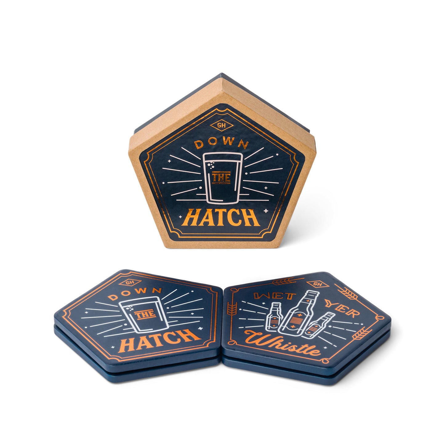 Set of 4 pentagon-shaped Beer Coasters featuring graphic designs and phrases like Down the Hatch and Wet Yer Whistle in black, orange, and white—perfect for stylish barware enthusiasts.