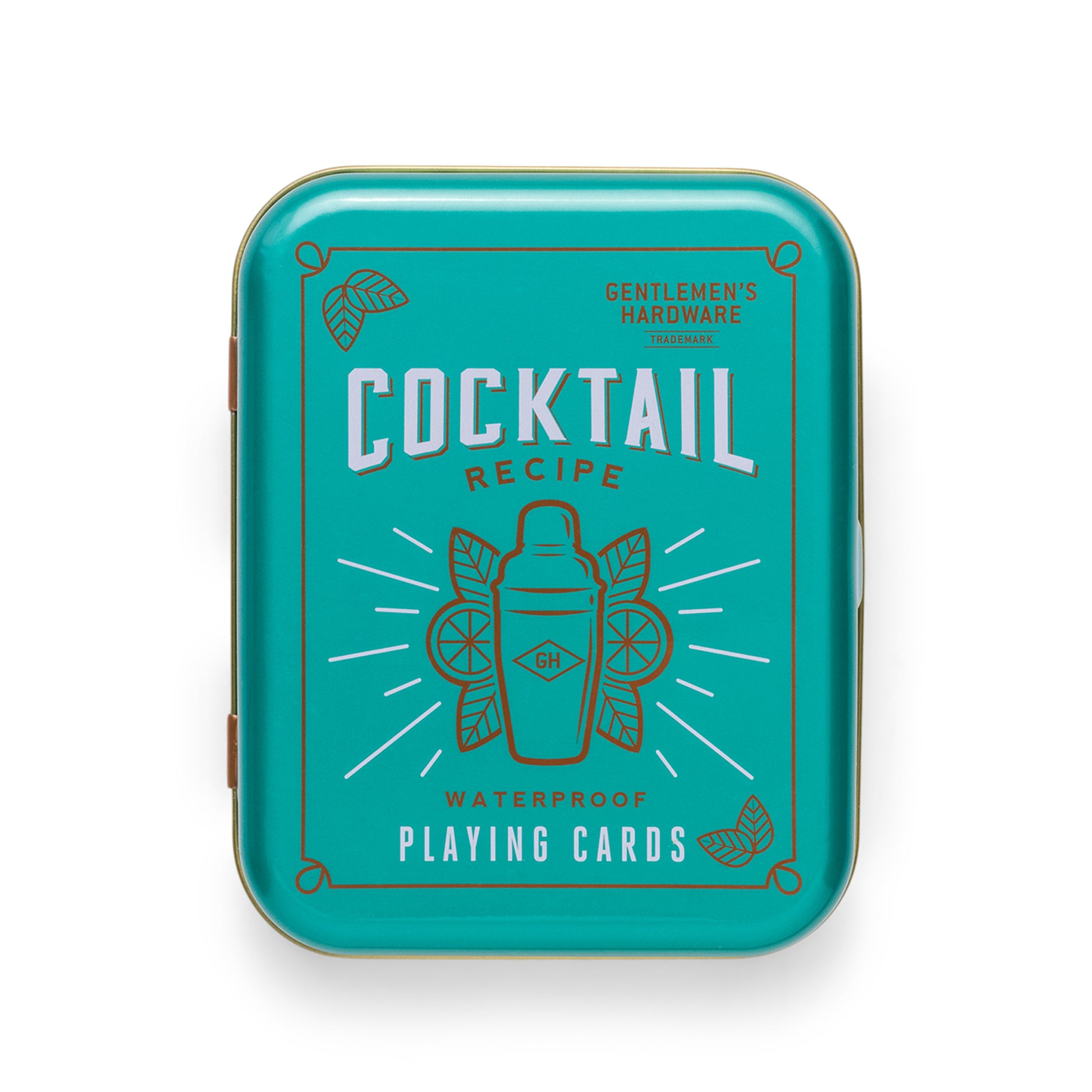 A teal metal tin travel case labeled Cocktail Playing Cards by Gentlemen’s Hardware, with a cocktail shaker and lime illustrated on the lid, offers waterproof cards for your next adventure.
