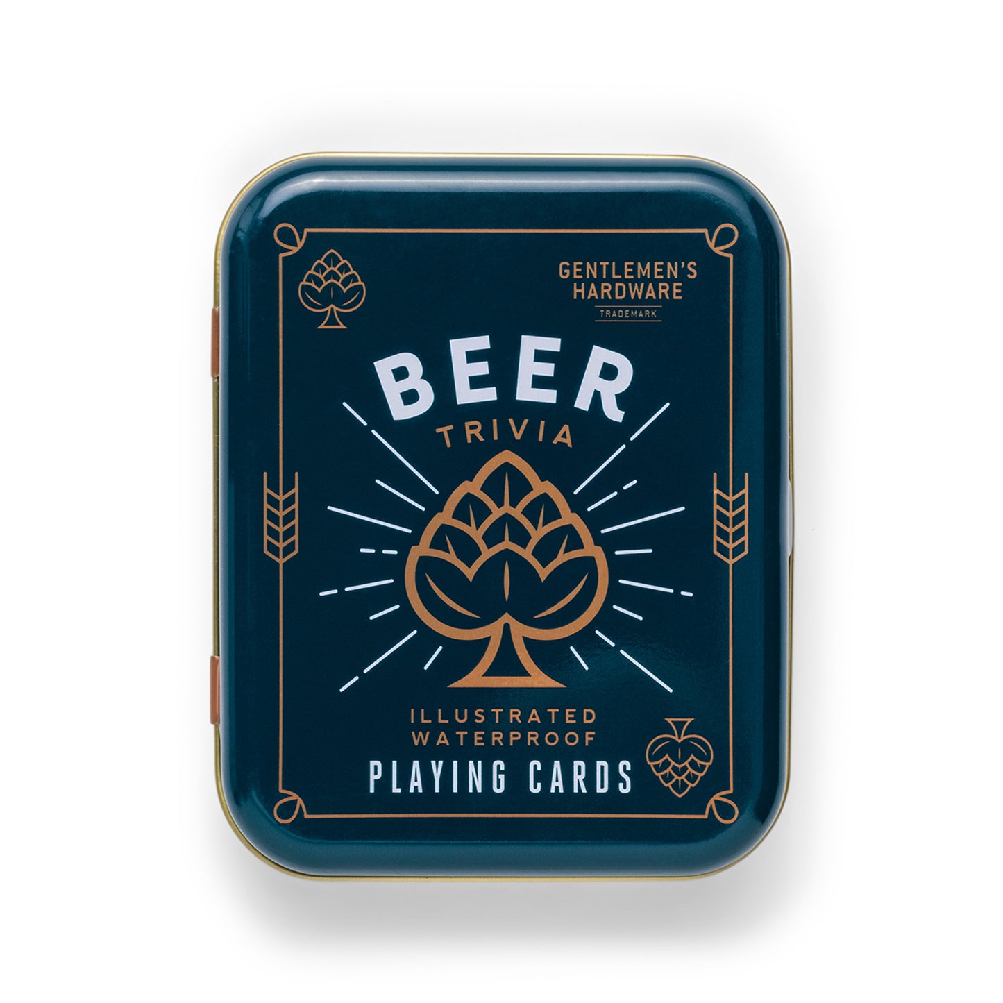 A rectangular metal tin labeled Beer Playing Cards features a hop graphic on a dark blue background and contains illustrated waterproof playing cards inside.