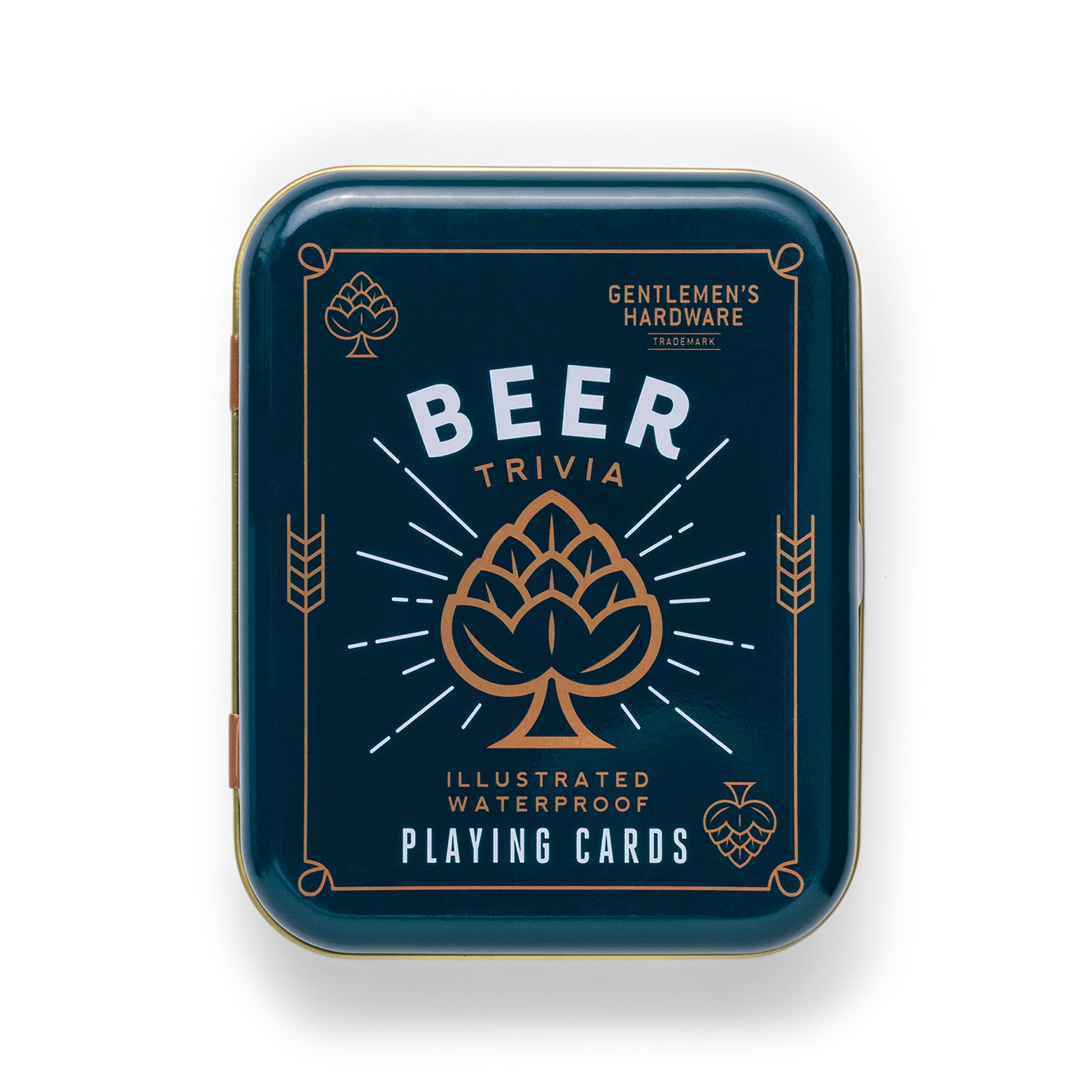 A rectangular metal tin labeled Beer Playing Cards features a hop graphic on a dark blue background and contains illustrated waterproof playing cards inside.