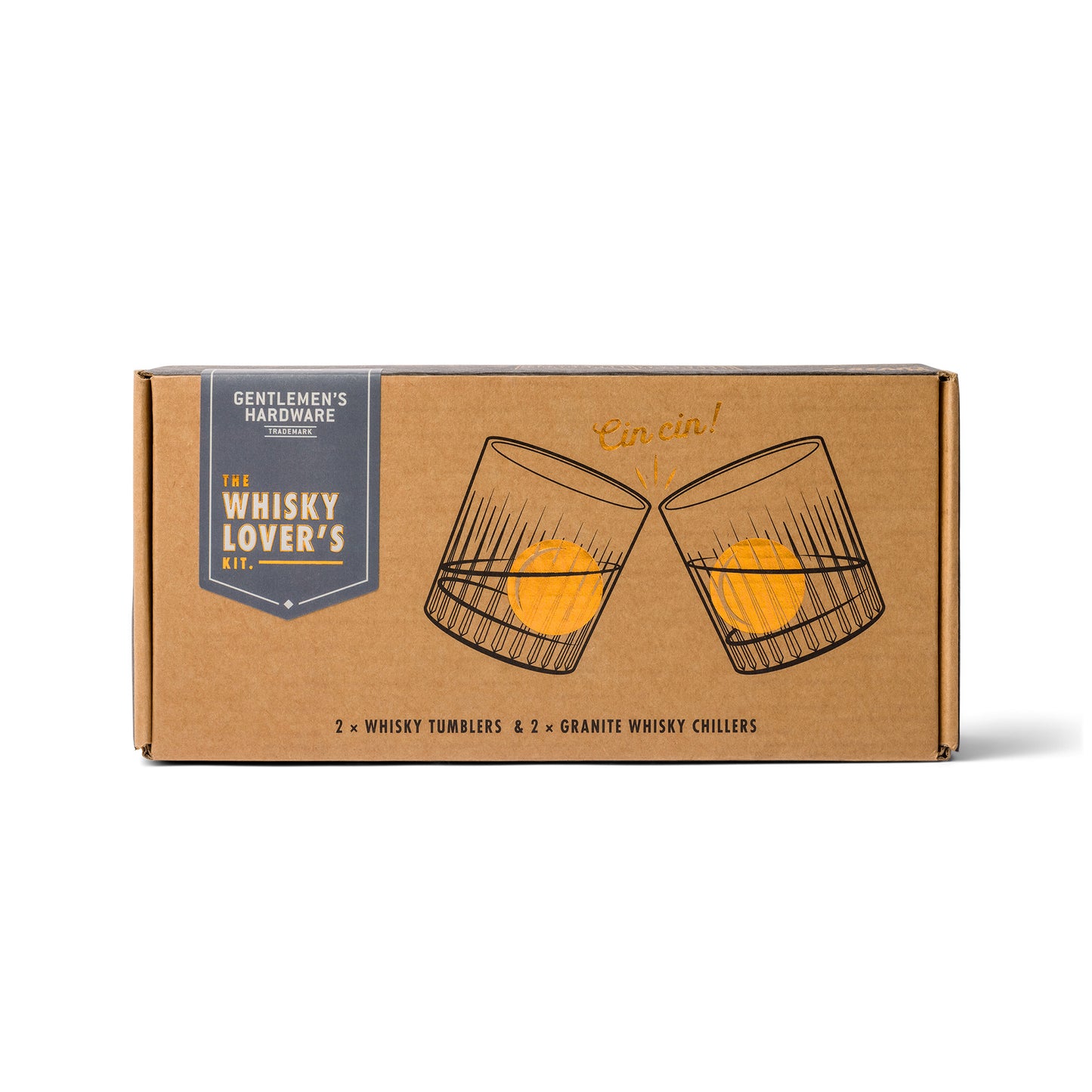 The Whiskey Tumbler Glasses & Ice Stones Set comes in a brown box featuring two glasses on the front; it includes two whiskey tumblers and two granite stones, making it an ideal gift for home bar enthusiasts.