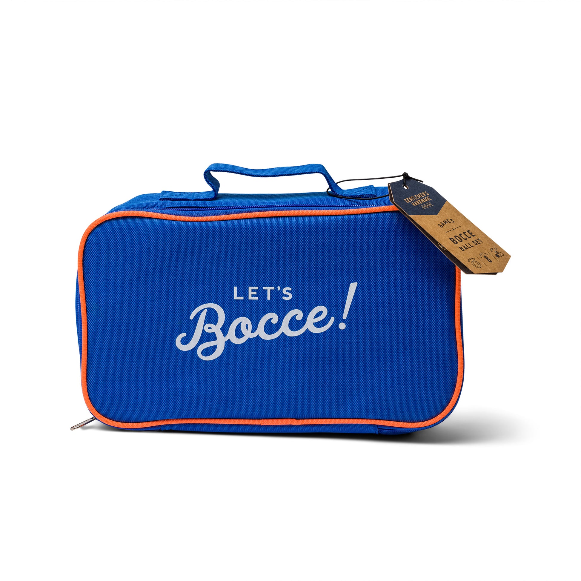 A blue rectangular zippered carrying case with orange trim, brown tag, and LETS Bocce! in white on the front. Perfect for transporting your Bocce Ball Set with Travel Case or yard game essentials; includes a handle—great for beginners.