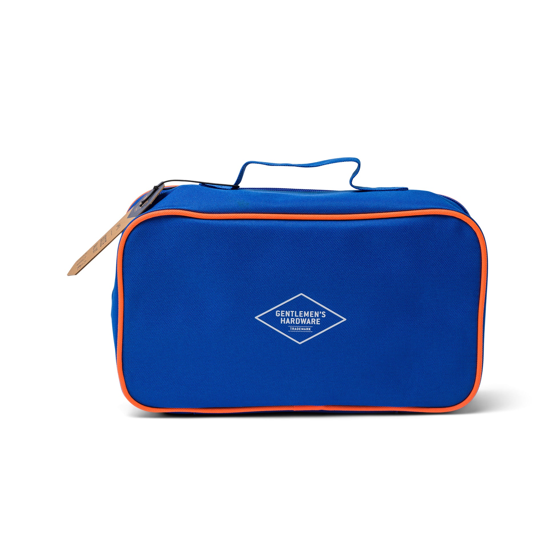 This Bocce Ball Set with Travel Case includes a sturdy blue bag with orange trim, a handle, and Gentlemens Hardware logo—ideal for beginners to pack essentials or carry their bocce set to any yard game.
