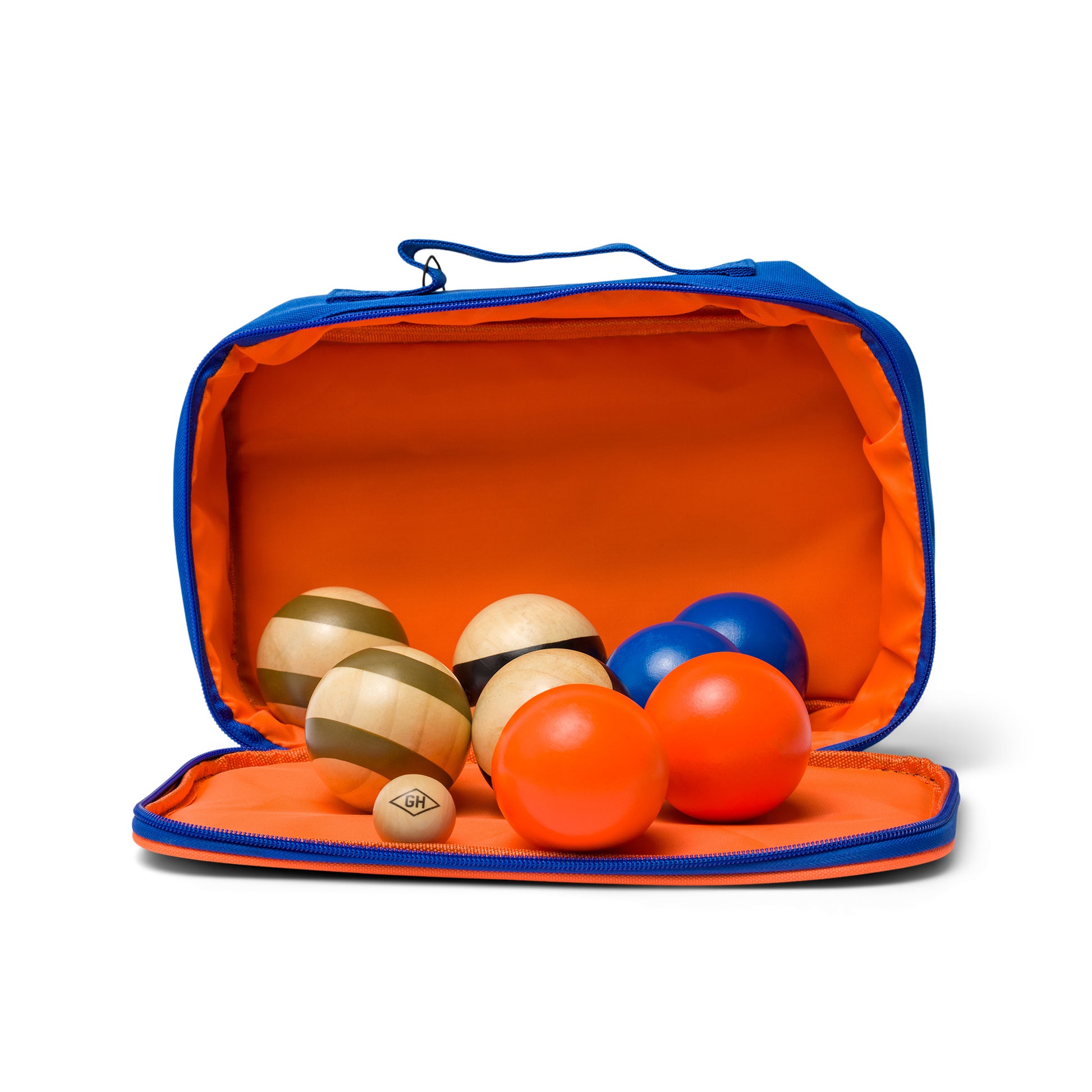 The Bocce Ball Set with Travel Case includes eight striped wooden bocce balls in blue and orange, plus a smaller wooden pallino ball, making it ideal for beginners who want to enjoy this classic yard game anywhere.