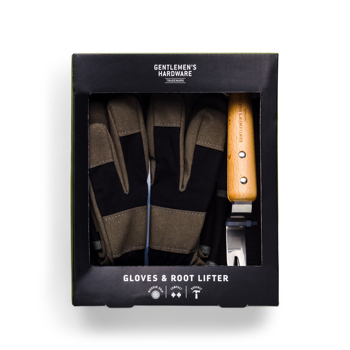 The Garden Gloves and Root Lifter boxed set features a wooden-handled tool and gloves, presented in black packaging labeled Gentlemens Hardware—ideal for anyone seeking quality gardening tools.