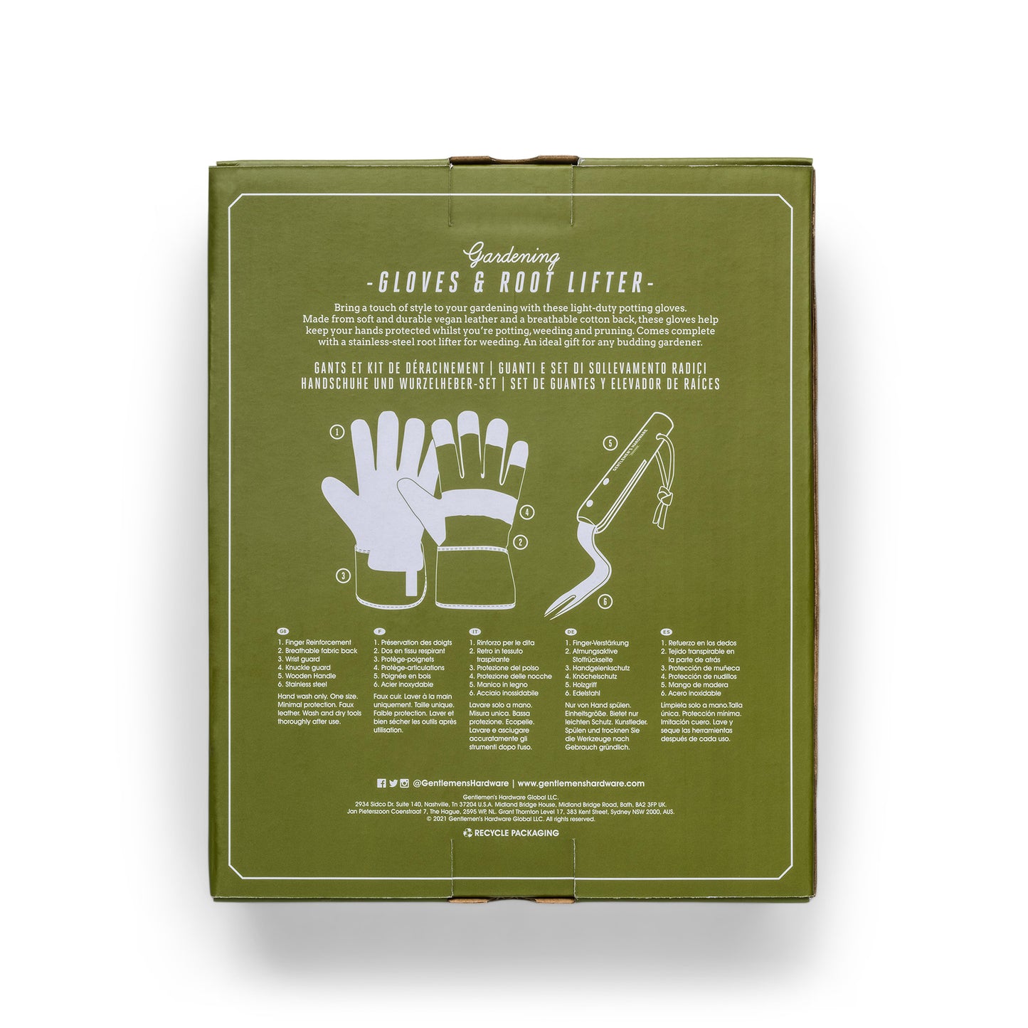 Green box featuring Garden Gloves and Root Lifter, with white illustrations and multilingual descriptions highlighting these essential gardening tools.
