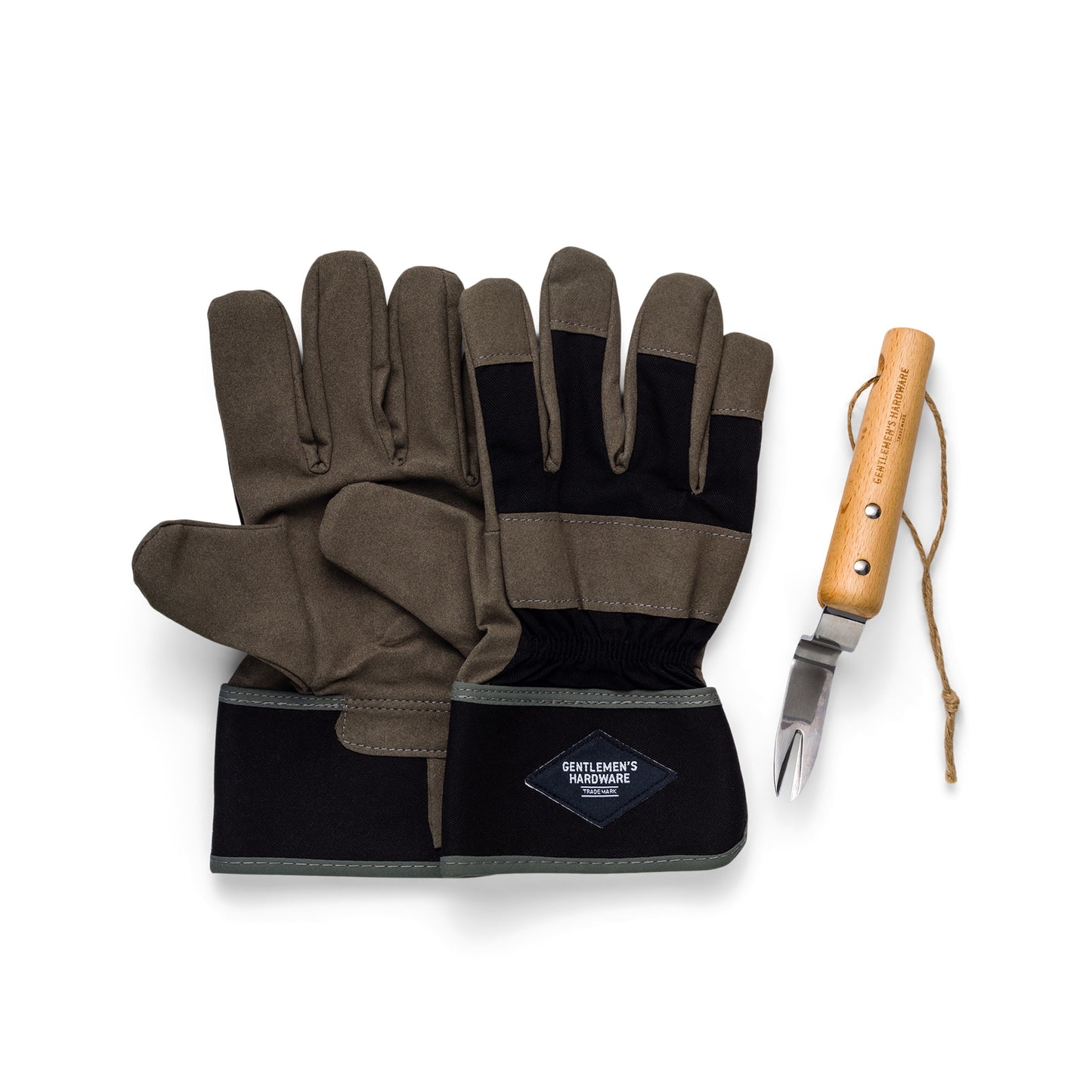 The Garden Gloves and Root Lifter set, featuring green and black gloves and a wooden-handled weeder with a leather strap, is neatly displayed on a white background.