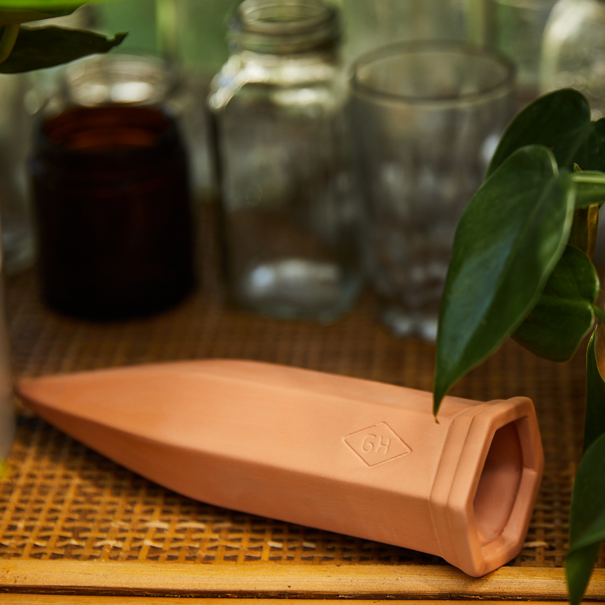 A set of 2 Terracotta Plant Water Drippers rests on a wicker surface amid glass jars and green leaves—a stylish, easy solution for plant care with these watering stakes.