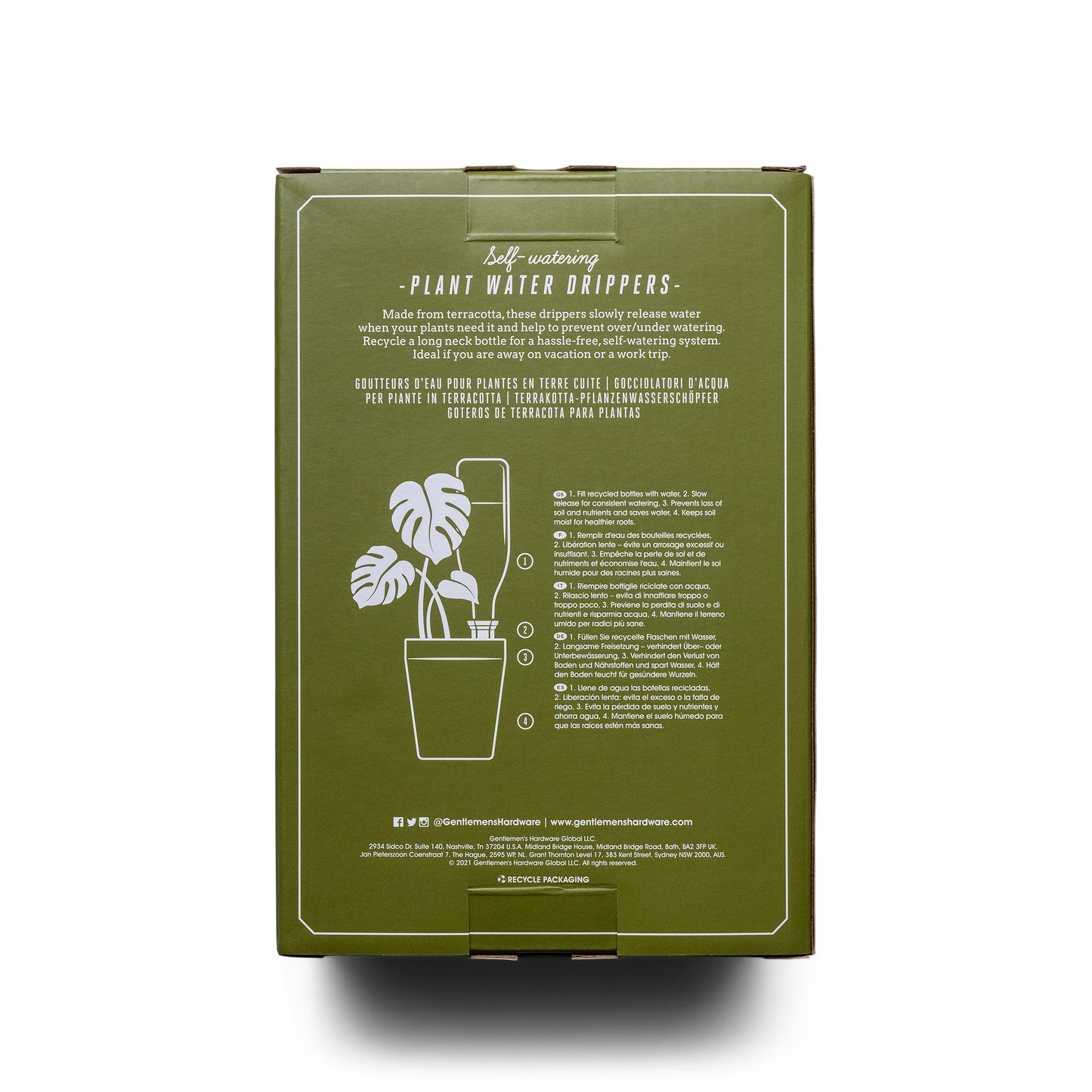 Green box with text describing Terracotta Plant Water Drippers, set of 2, featuring usage instructions and a simple illustration of a plant with a dripper spike inserted in the soil.