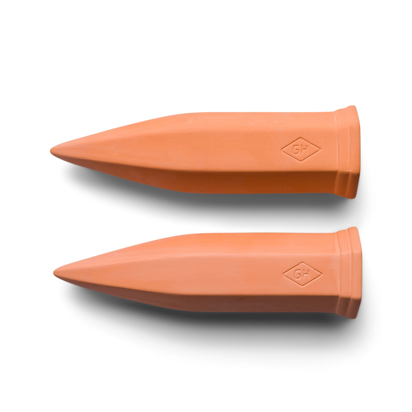Set of 2 Terracotta Plant Water Drippers with pointed ends and a small embossed logo, shown parallel on a white background—ideal for self-watering planters.