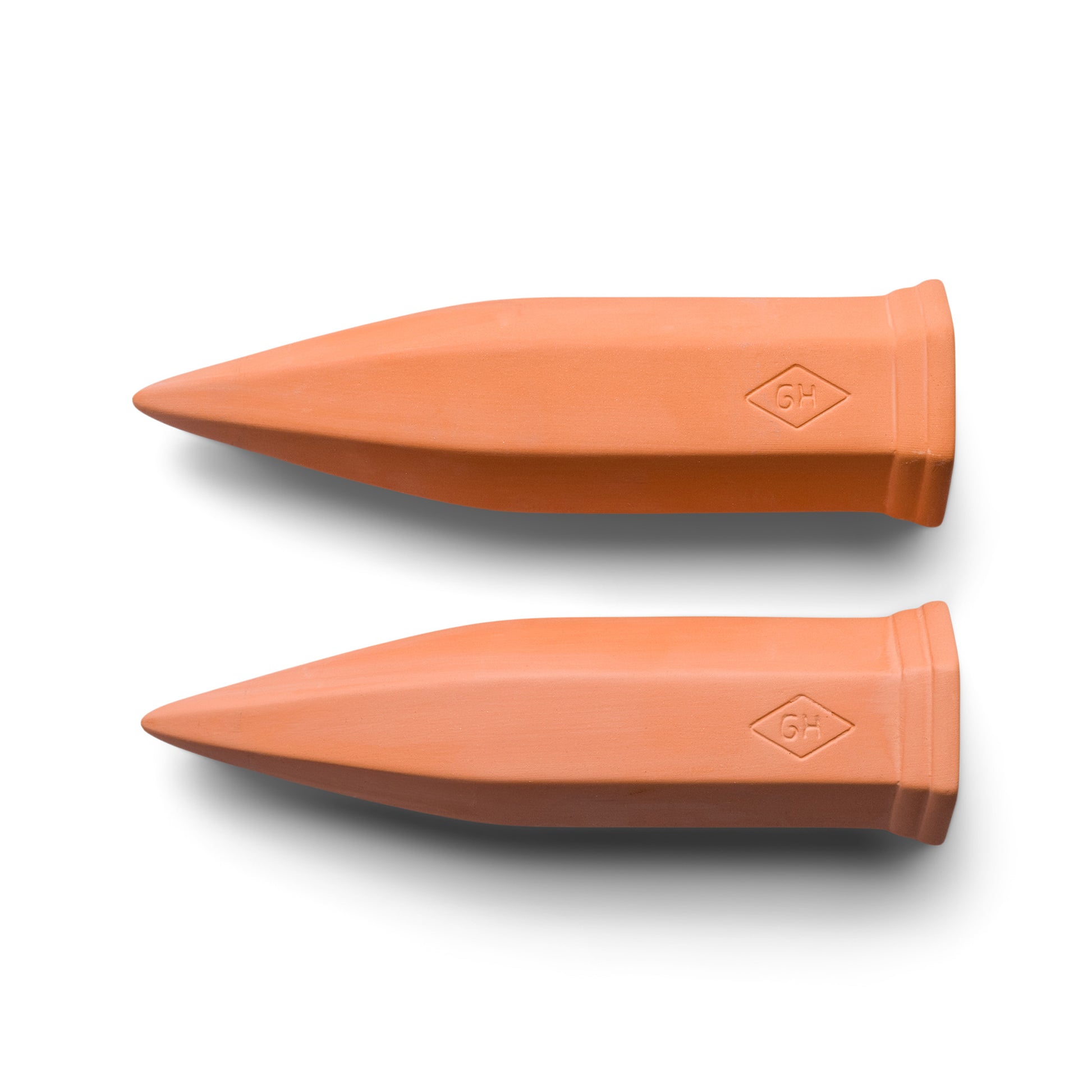 Set of 2 Terracotta Plant Water Drippers with pointed ends and a small embossed logo, shown parallel on a white background—ideal for self-watering planters.