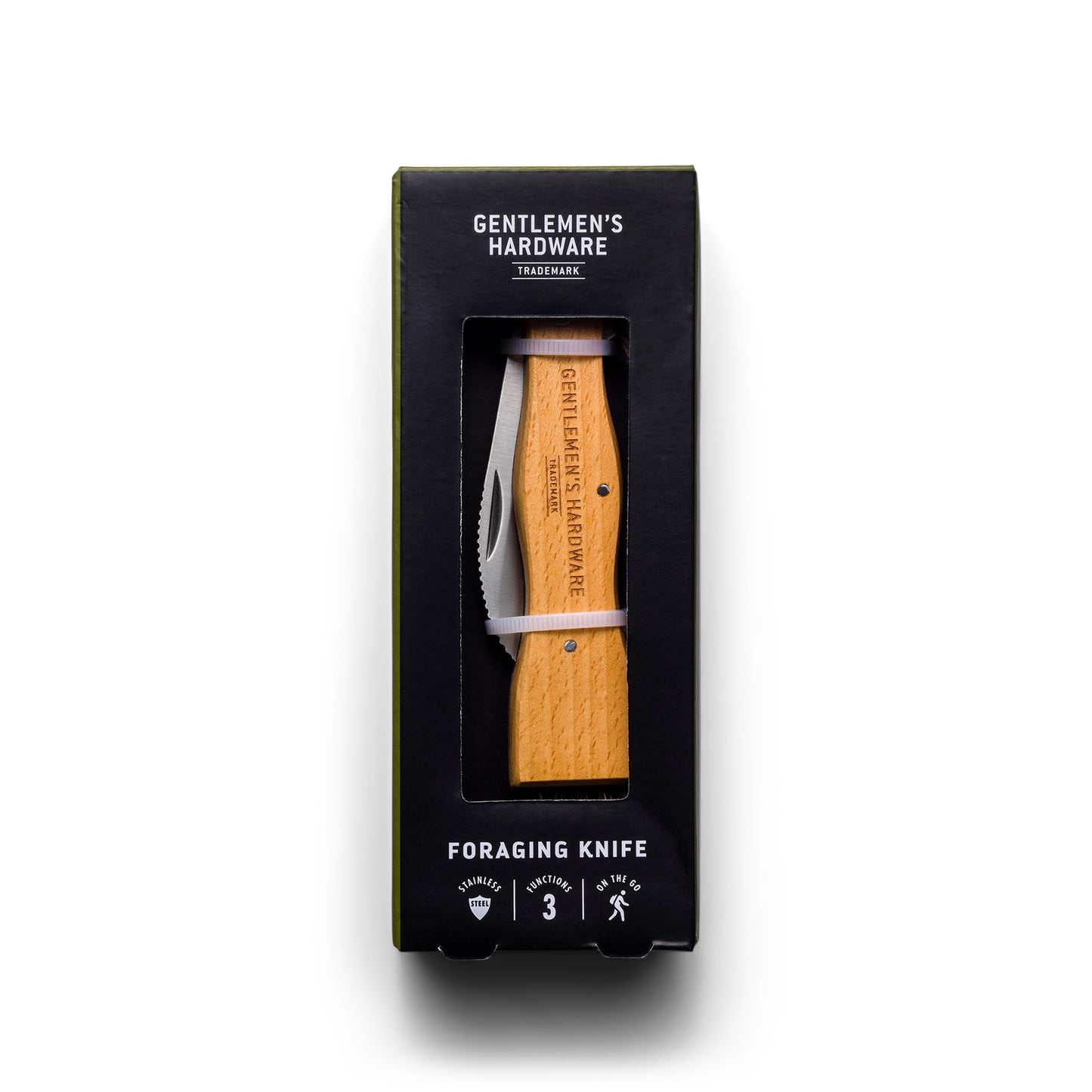 The Foraging Knife comes in black packaging labeled Gentlemens Hardware with icons and a number 3 at the bottom; it features a wooden handle and stainless-steel blade—ideal for mushroom hunting.