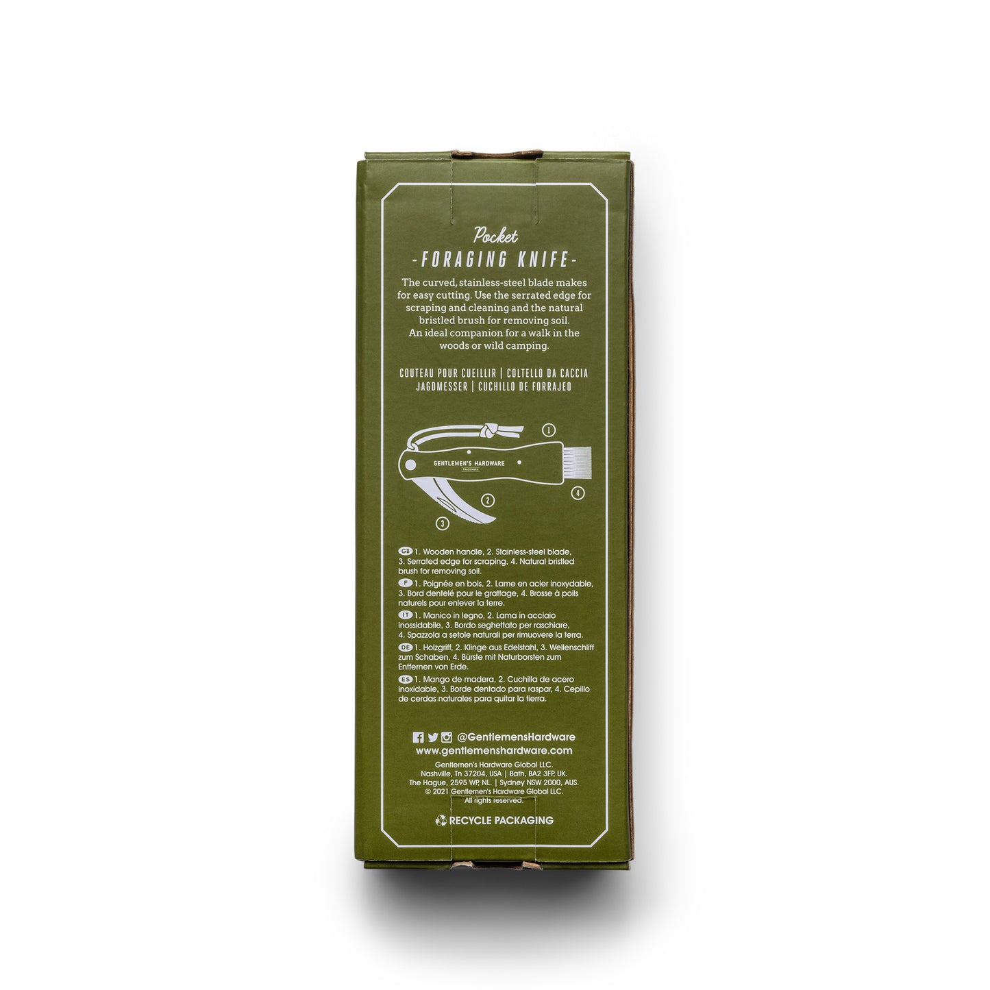 Rectangular olive green box with white text describing the Foraging Knife; features an illustration of the foraging knife with a stainless-steel blade, plus a recycling symbol at the bottom.