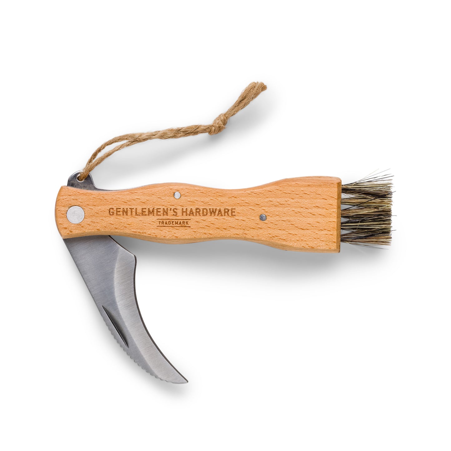 The Foraging Knife features a wooden handle, curved stainless-steel blade, and end brush. It includes a looped string for carrying and is labeled Gentlemens Hardware. Perfect for mushroom hunting.