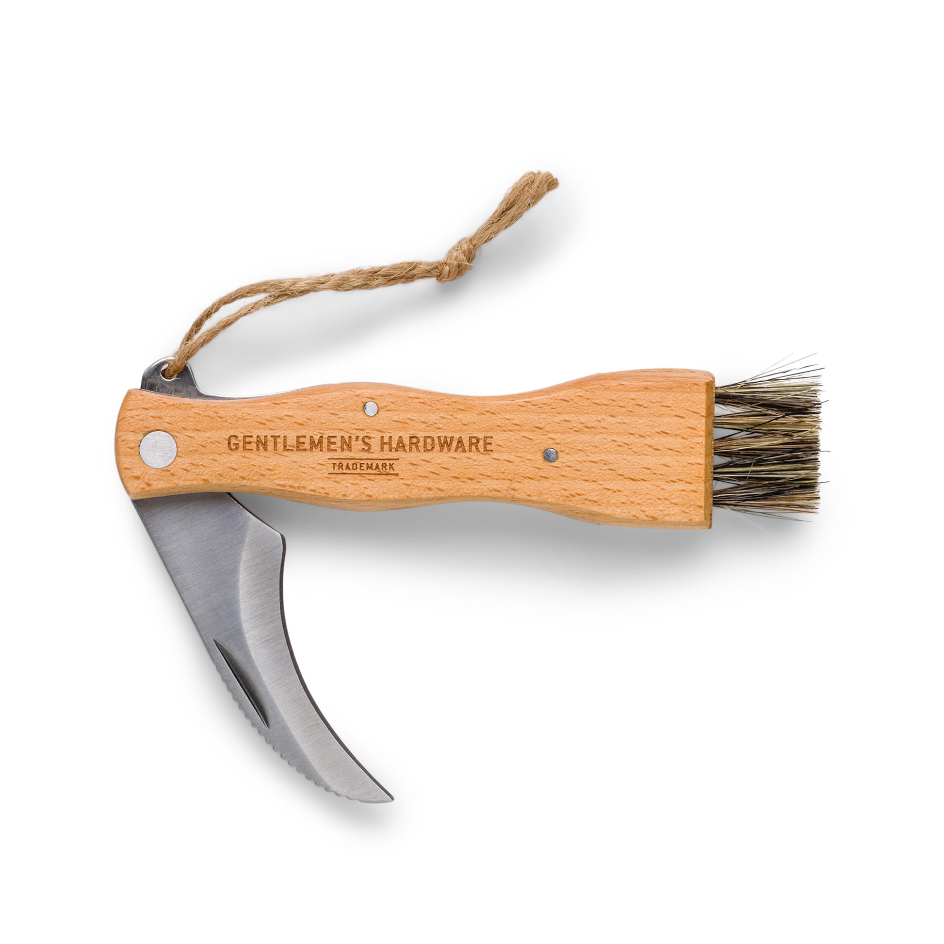 The Foraging Knife features a wooden handle, curved stainless-steel blade, and end brush. It includes a looped string for carrying and is labeled Gentlemens Hardware. Perfect for mushroom hunting.