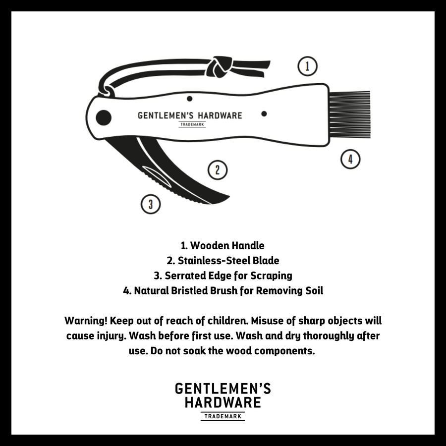 foraging knife infographic. text reads: 1. wooden handle 2. stainless steel blade 3. serrated edge for scraping 4. natural bristled brush for removing soil