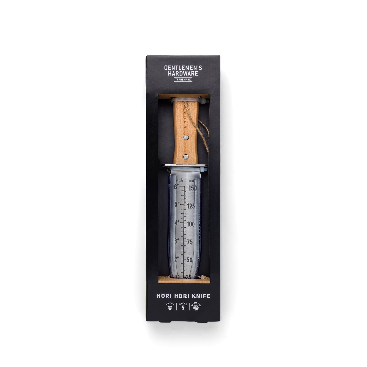 A boxed Hori Hori Knife with a wooden handle and stainless steel blade with measurement markings is displayed against a white background.