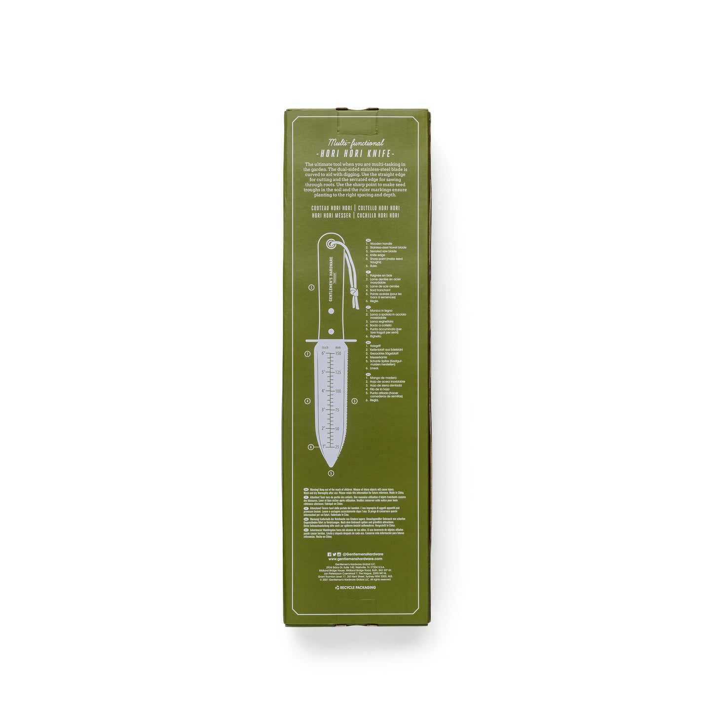 Green box featuring the Hori Hori Knife, with a stainless steel blade, measurements, and detailed feature descriptions printed in crisp white text.