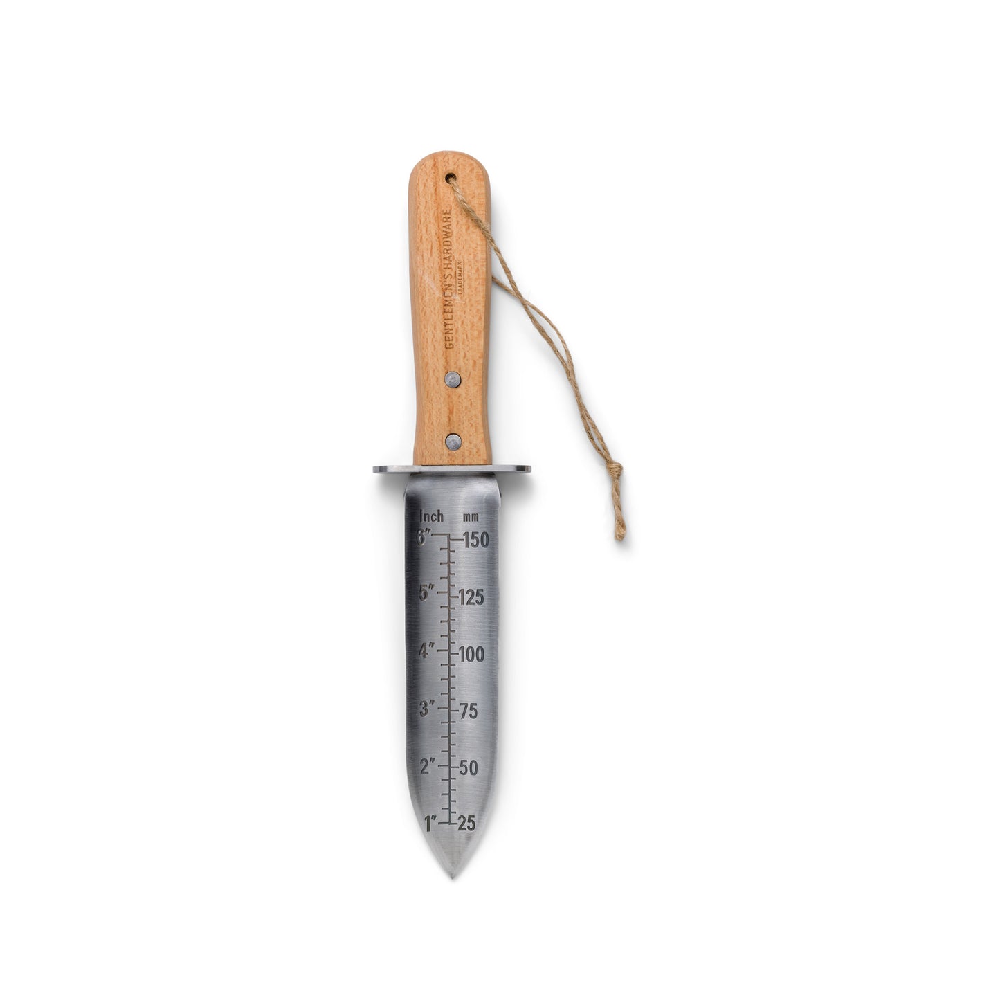 The Hori Hori Knife features a wooden handle, stainless steel blade with inch and centimeter markings, plus a wrist strap for precise gardening.