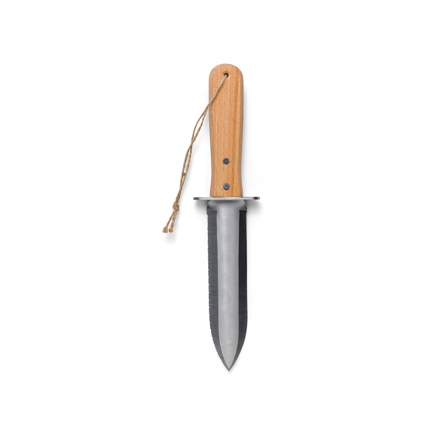 The Hori Hori Knife features a wooden handle, a sharp stainless steel blade, and a string loop on the handle, shown against a white background.