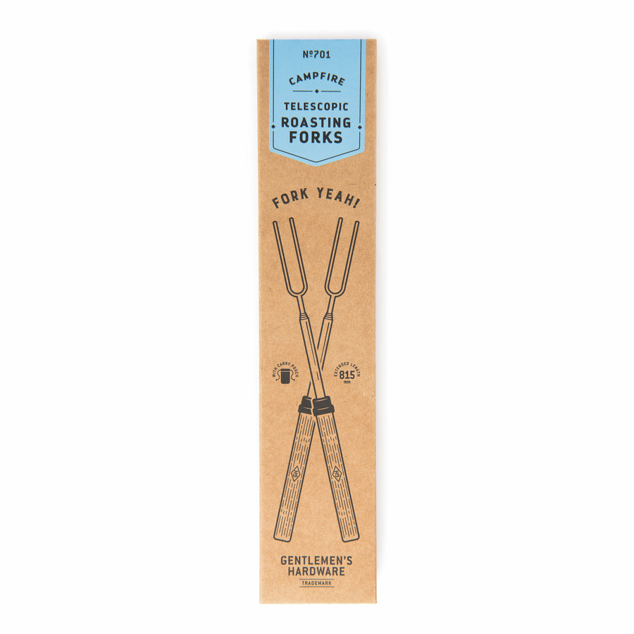 Telescoping Roasting Forks box with image of forks and Gentlemen's Hardware logo; text reads Fork Yeah!