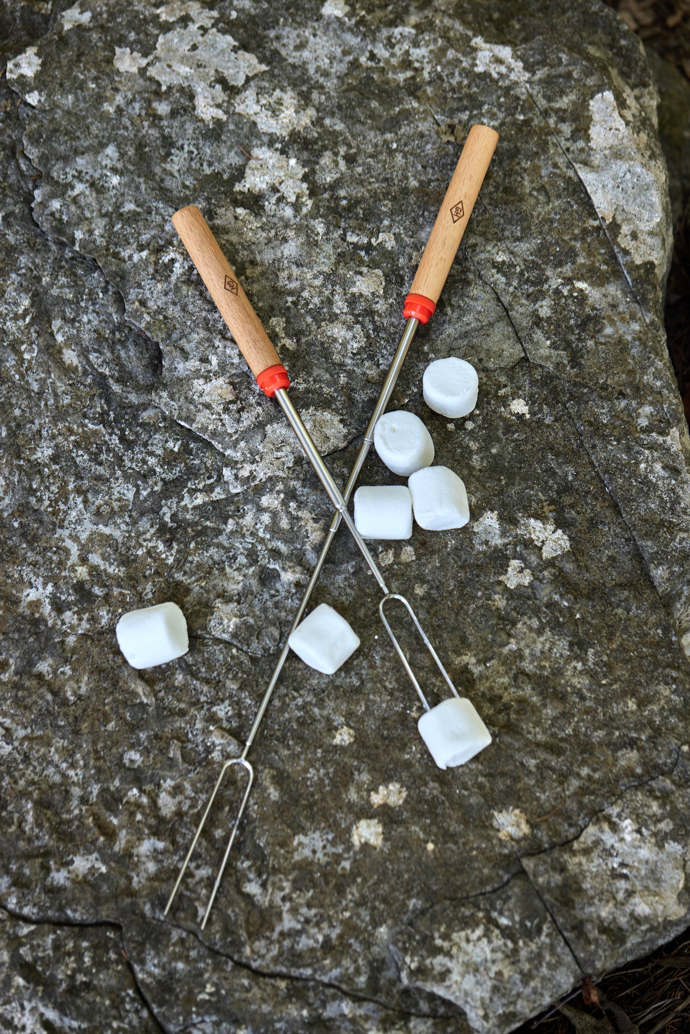 Telescoping Roasting Forks on a rock with marshmallows