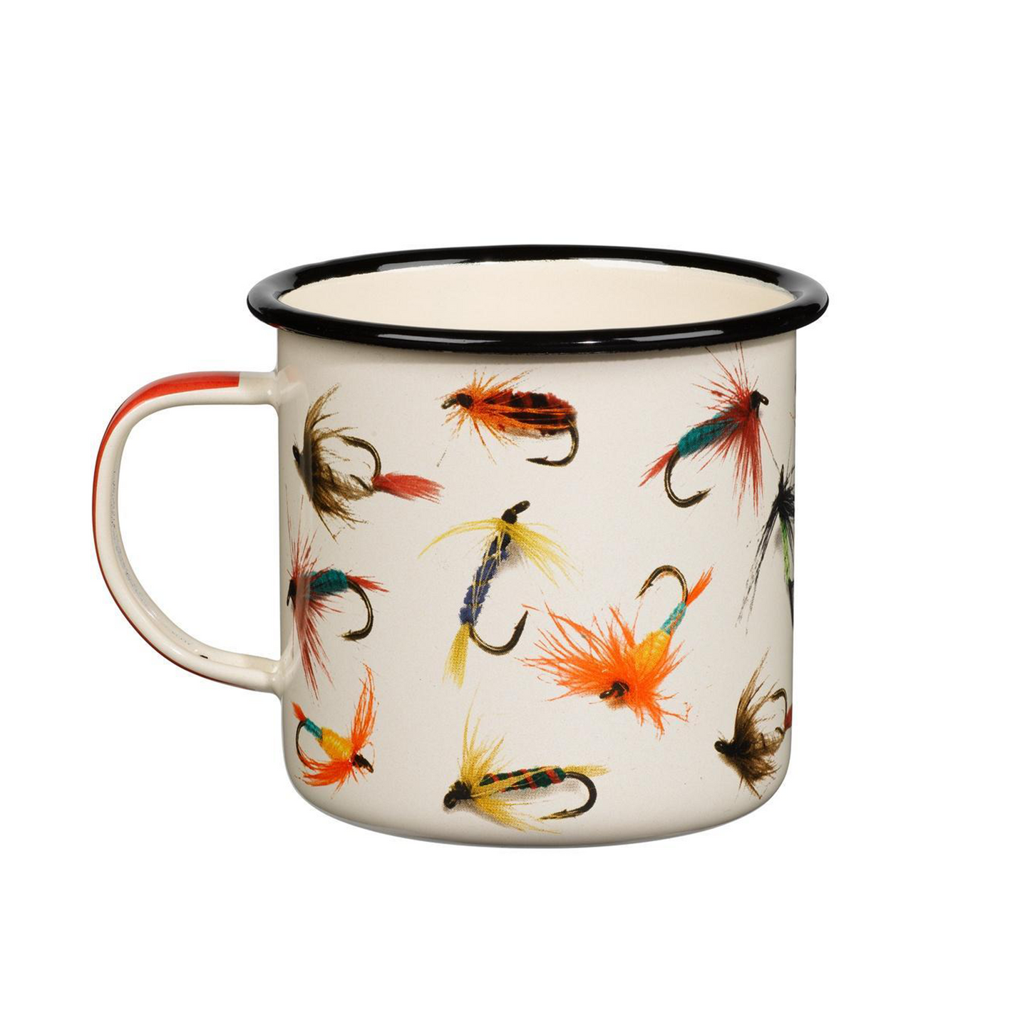 The Enamel Mug - Fly Fishing features a white enamel body with a black rim and fly fishing lure illustrations—ideal for camping or outdoor adventures.