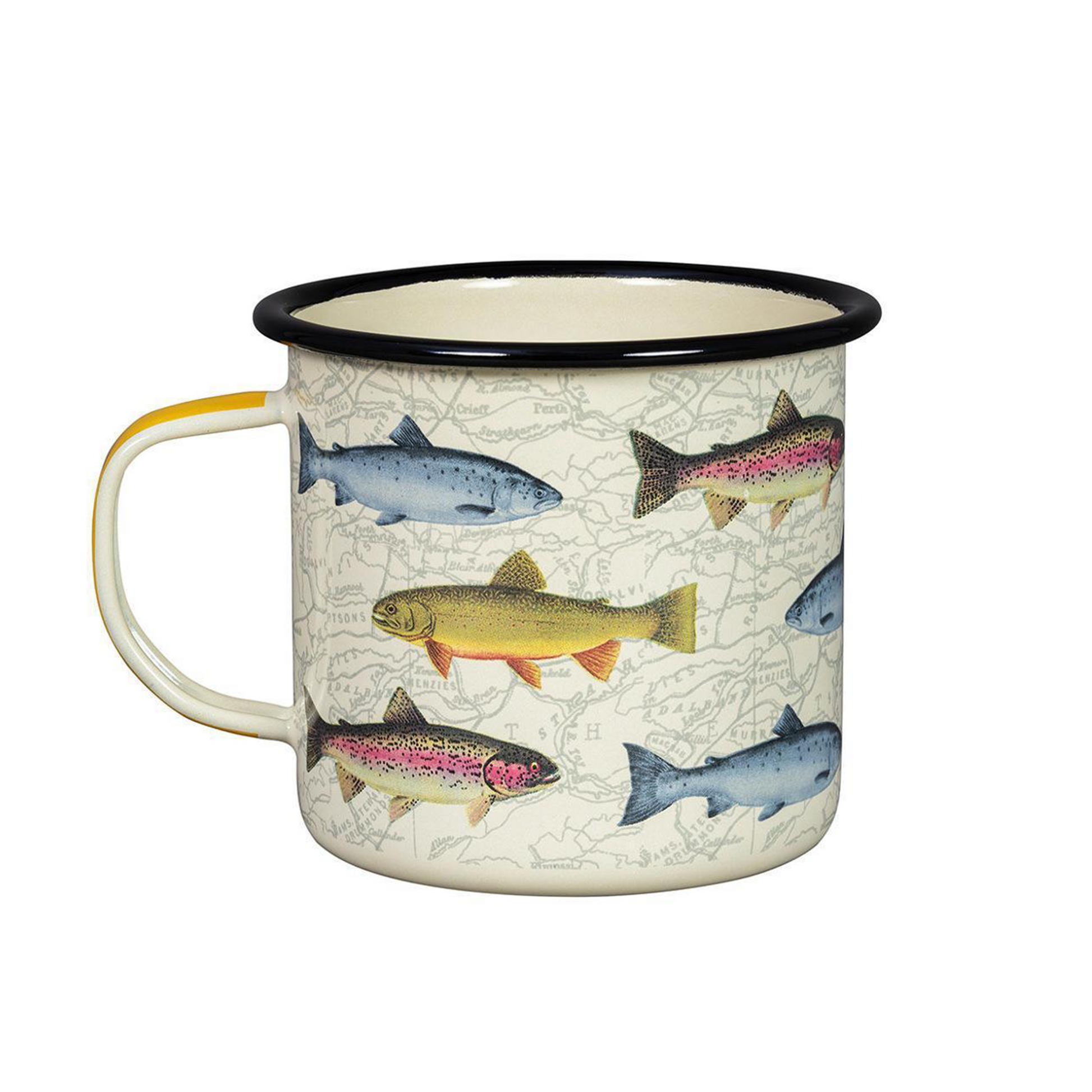 The Enamel Mug - Fish features a white enamel body, black rim, yellow handle, and fish illustrations over a faint map background—ideal for camping or outdoor adventures.