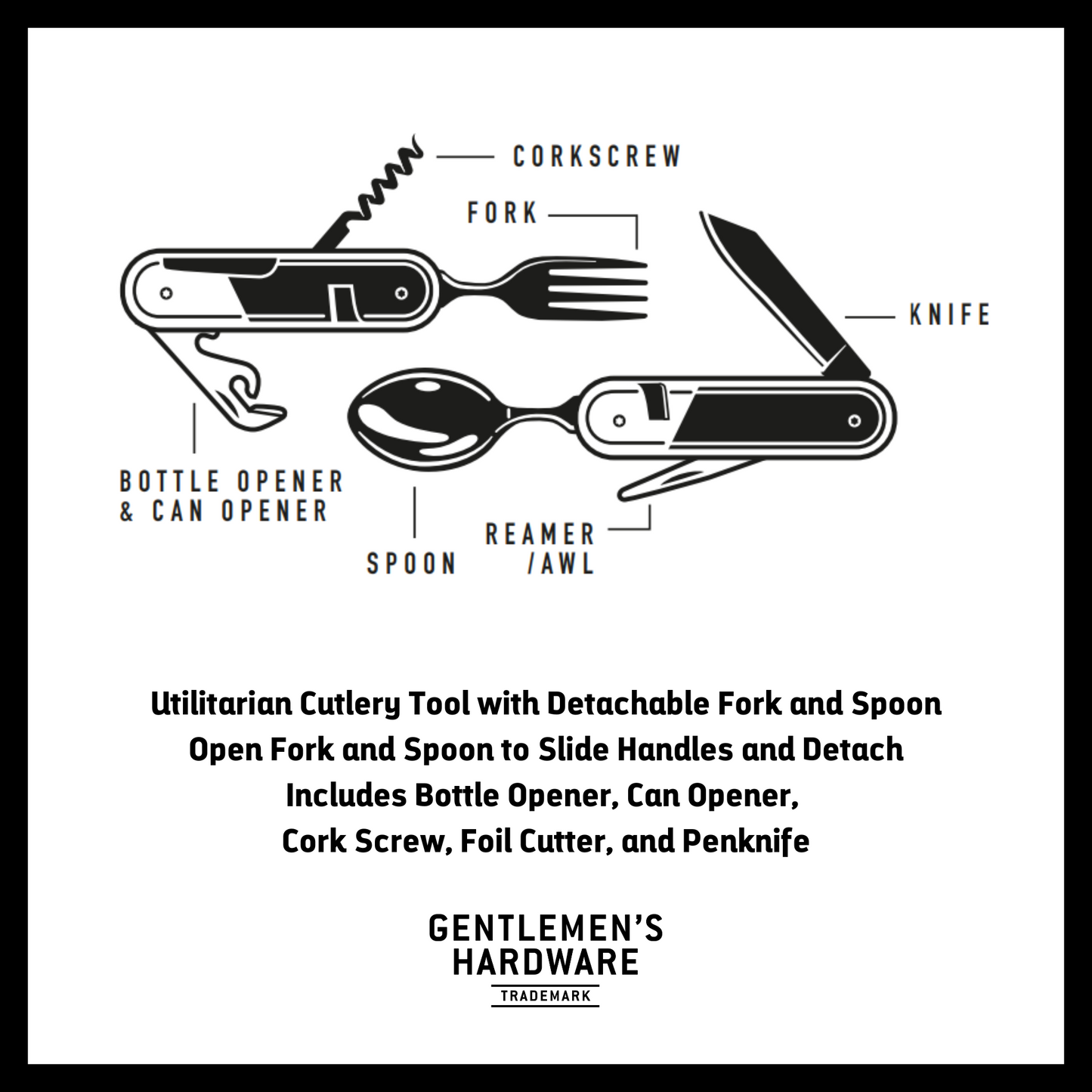 Camping Cutlery Infographic. Text reads: "Utilitarian Cutlery Tool with Detachable Fork and Spoon Open Fork and Spoon to Slide Handles and Detach Includes Bottle Opener, Can Opener, Cork Screw, Foil Cutter, and Penknife" with Gentlemen's Hardware logo below