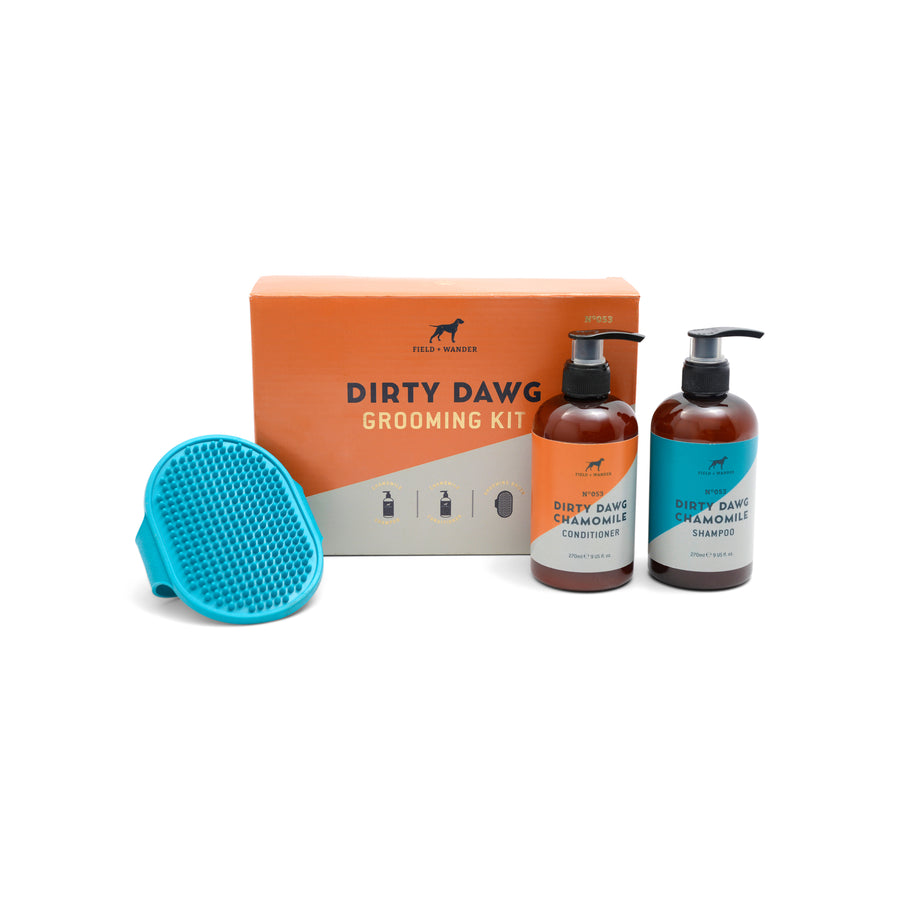 Dirty Dawg Grooming Kit box and contents on white background