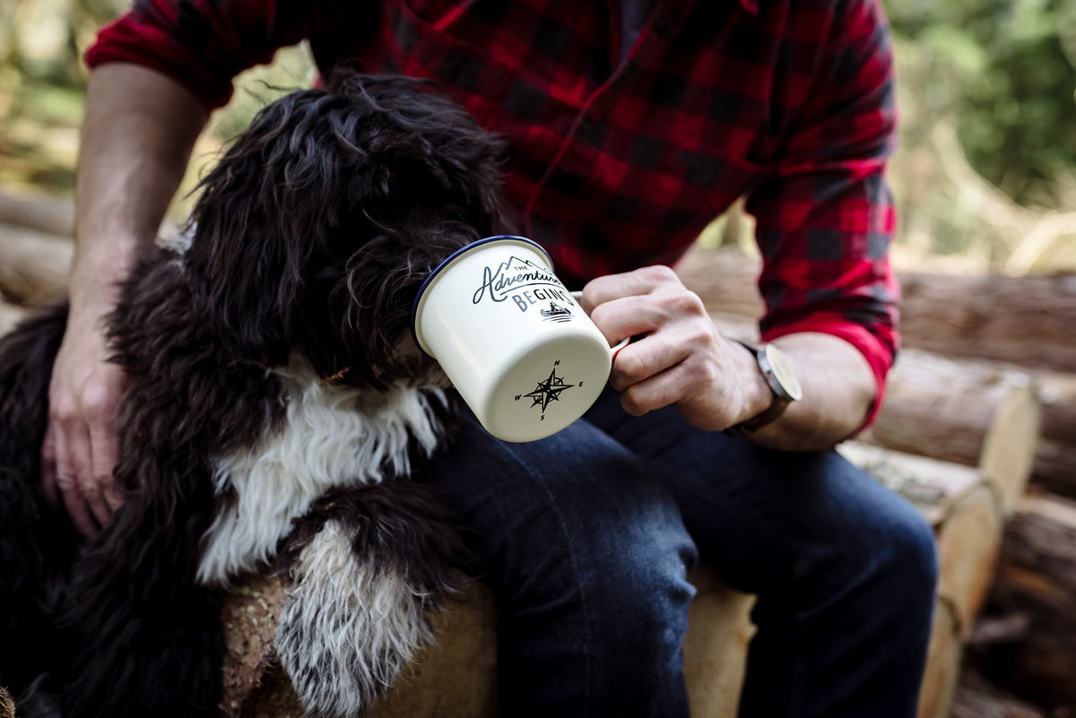 Enamel Mug - Cream Adventure Begins 13.5 fl oz