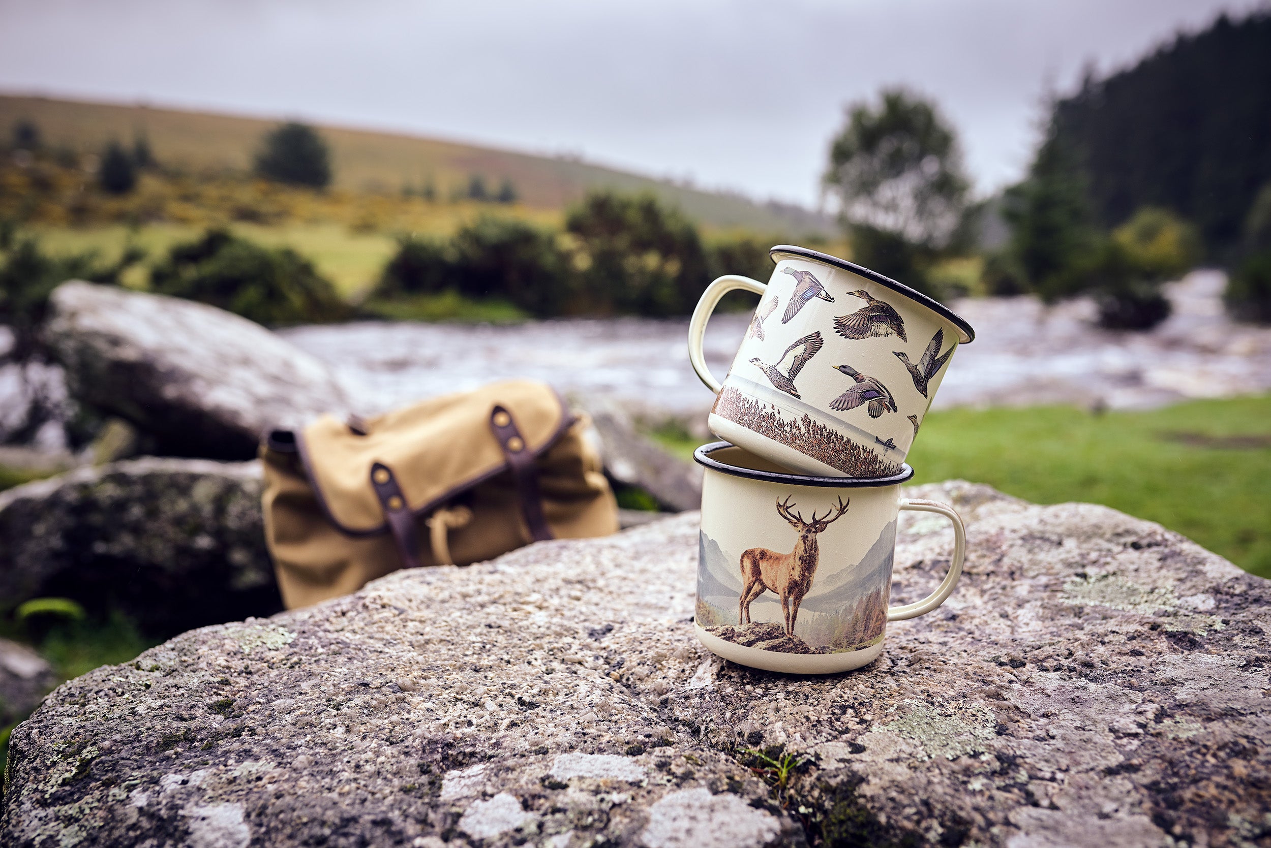 Enamel mugs outdoors