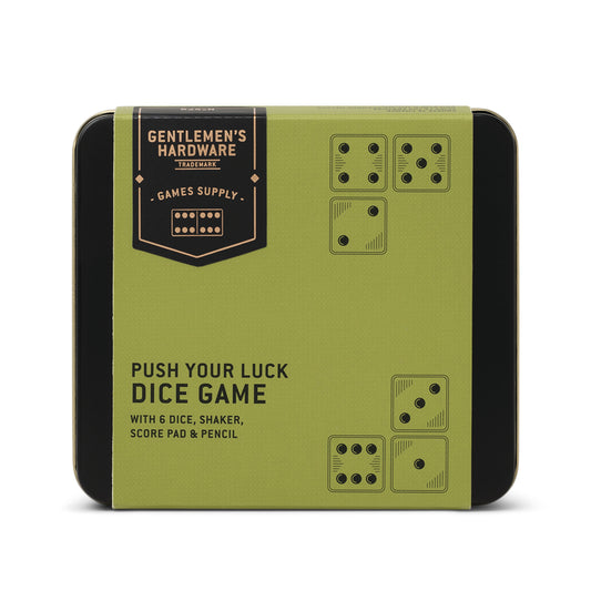 Push Your Luck Dice Game comes in a green metal tin with dice illustrations and features 6 dice, a shaker, a score pad, and a pencil.