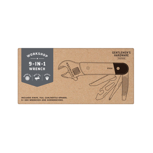 A cardboard package labeled Wrench Multi Tool features an illustration of a heavy-duty, titanium coated multi-tool with attachments; the Gentlemens Hardware brand and list of included tools are also shown.
