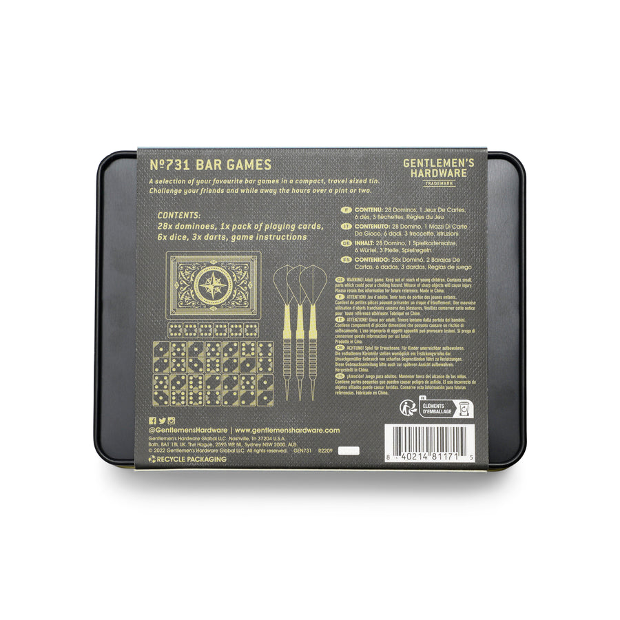 Back of packaging for Gentlemen's Hardware Bar Games with SKU, barcode, and product info
