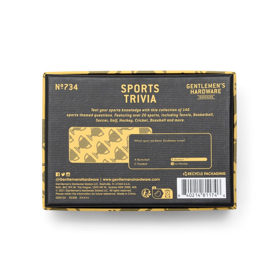 Gentlemen's Hardware Sports Trivia rear box with SKU, logo, barcode and product information