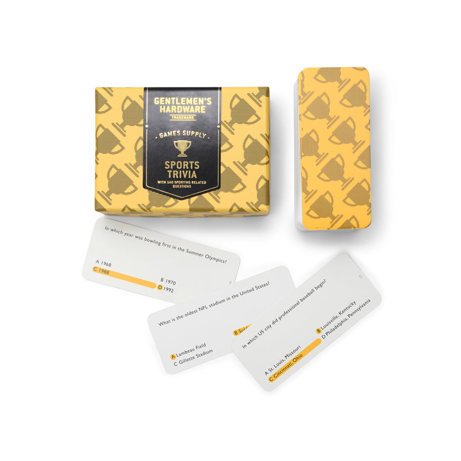 Gentlemen's Hardware Sports Trivia cards and branded box on white surface