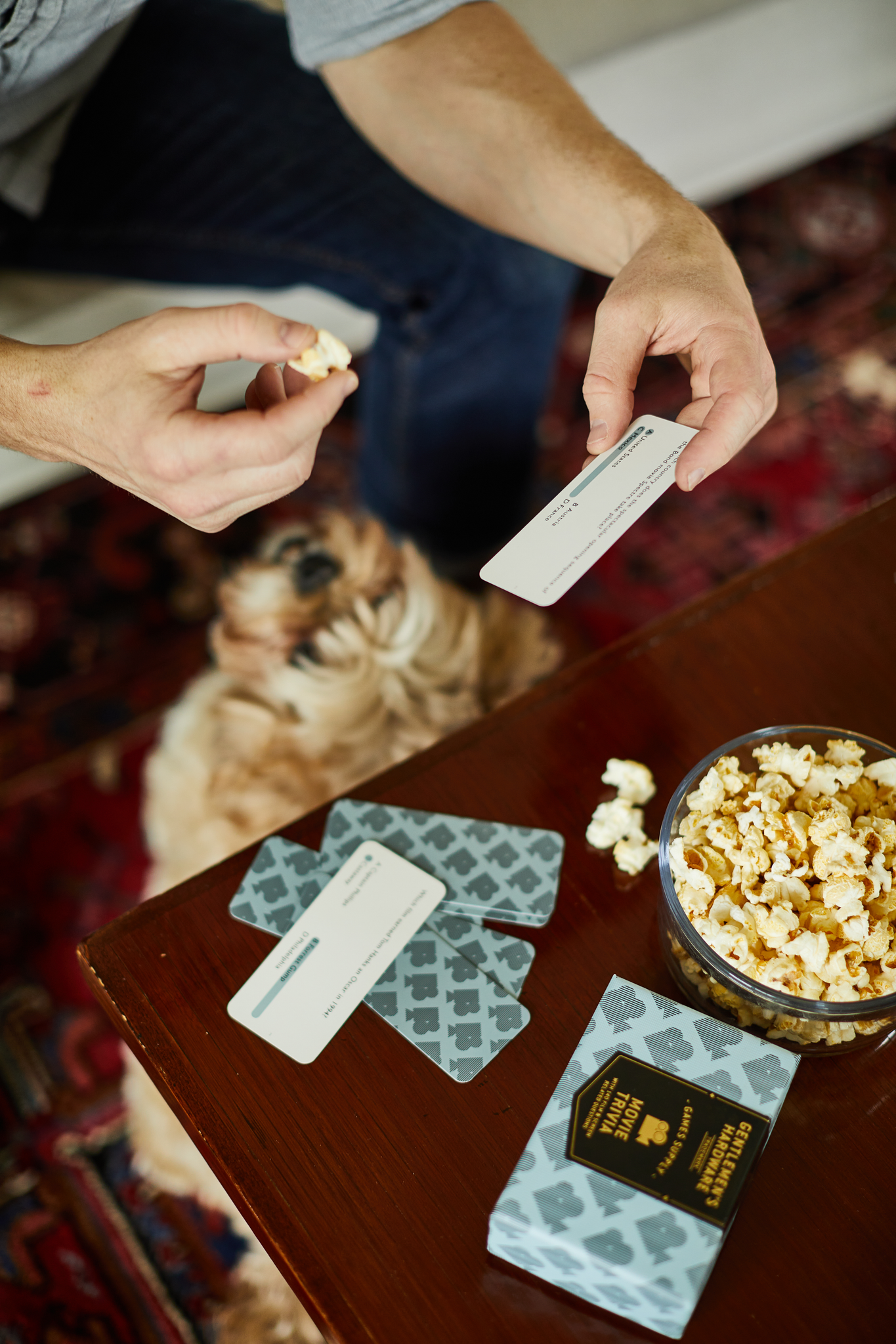 Movie trivia cards on a table. 