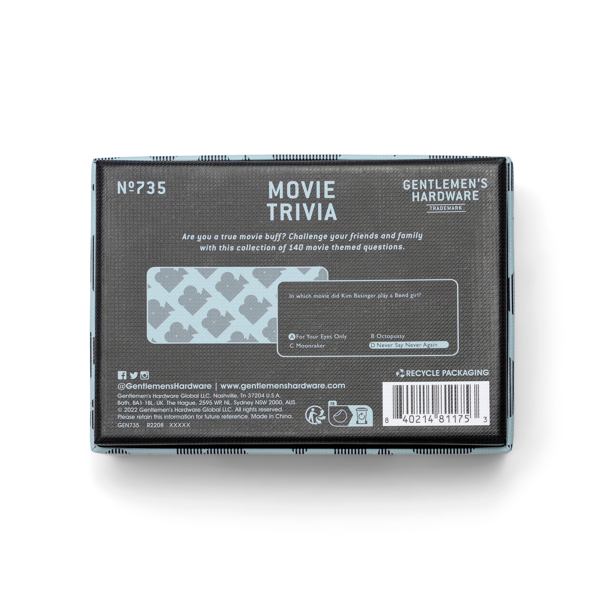 Movie Trivia box rear with logo, sku, barcode and product information