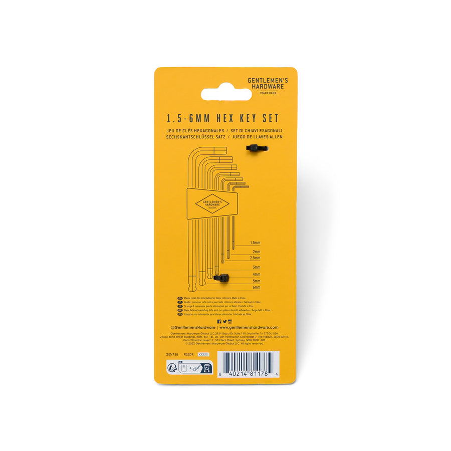 Gentlemen's Hardware Hex Key Set rear packaging with logo, barcode and product details