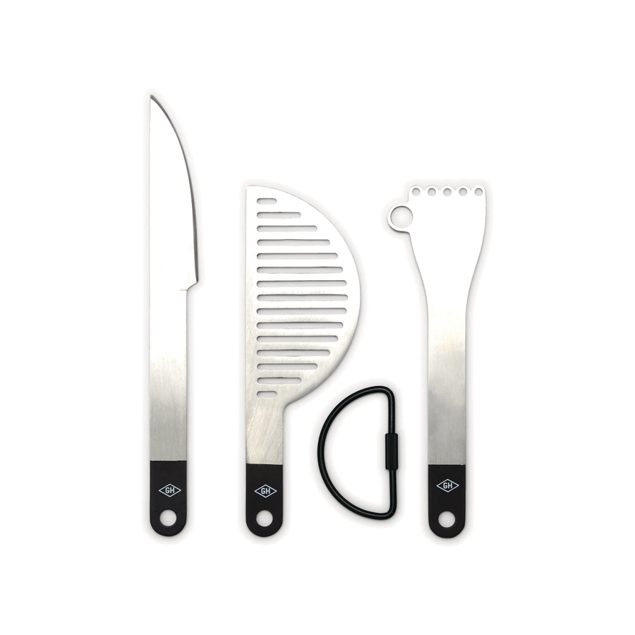 Gentlemen's Compact Bar Tools Set - knife, strainer, and zester on white background