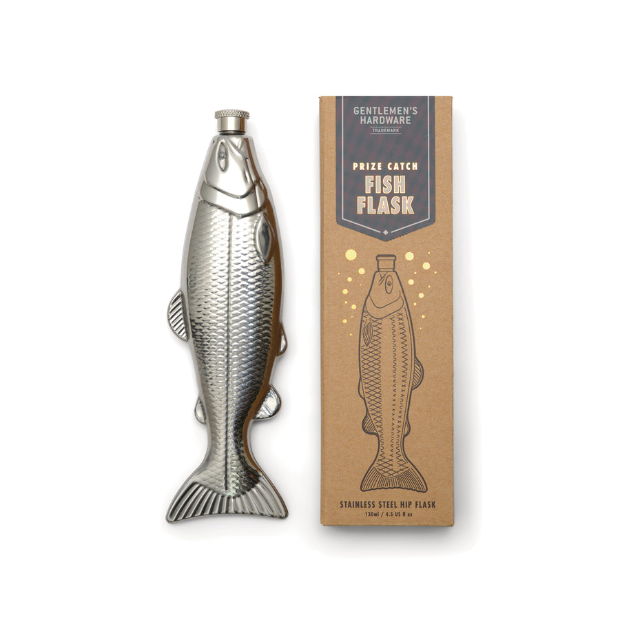 Fish flask and gift box on white background