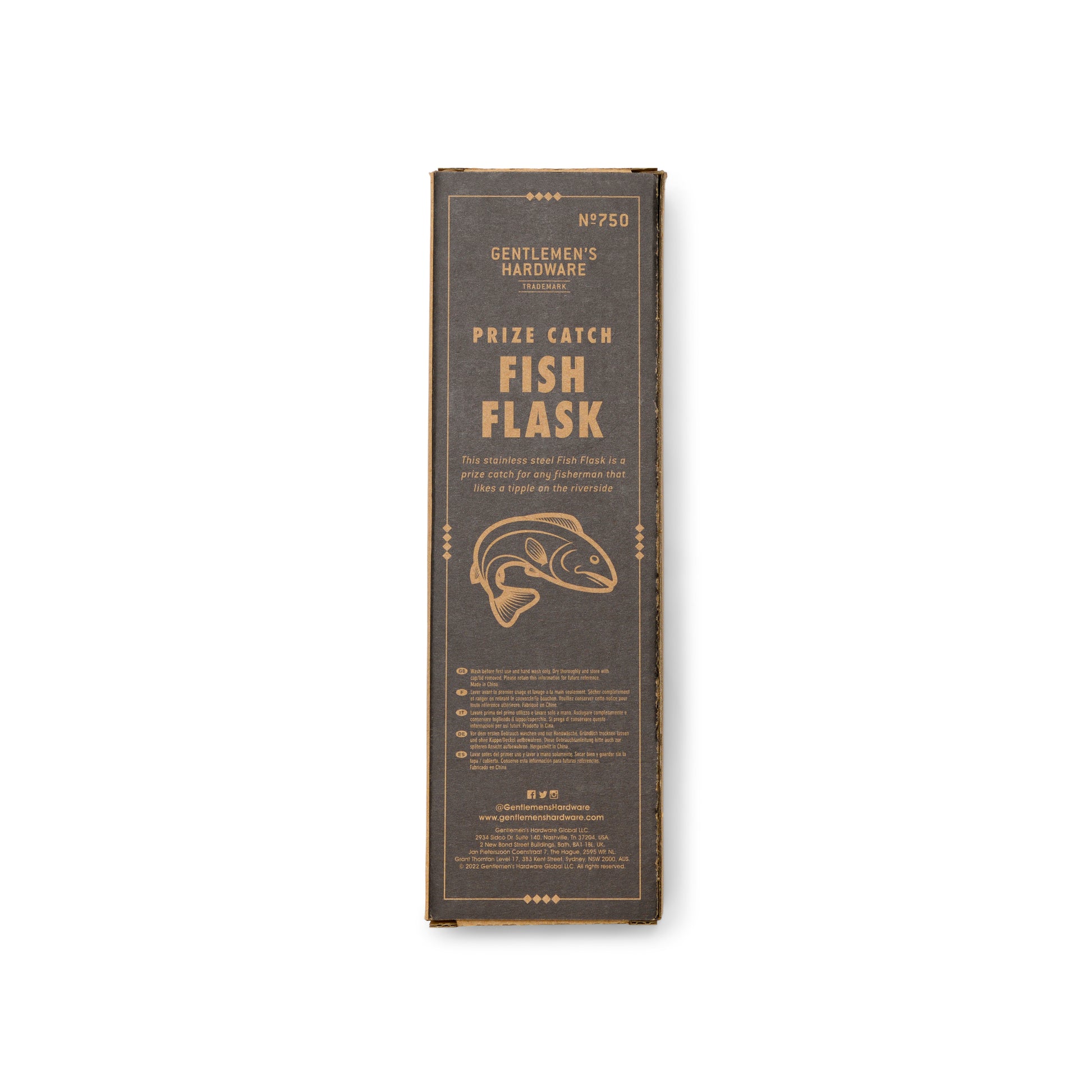 Fish Flask box rear with logo, sku, barcode, and product information