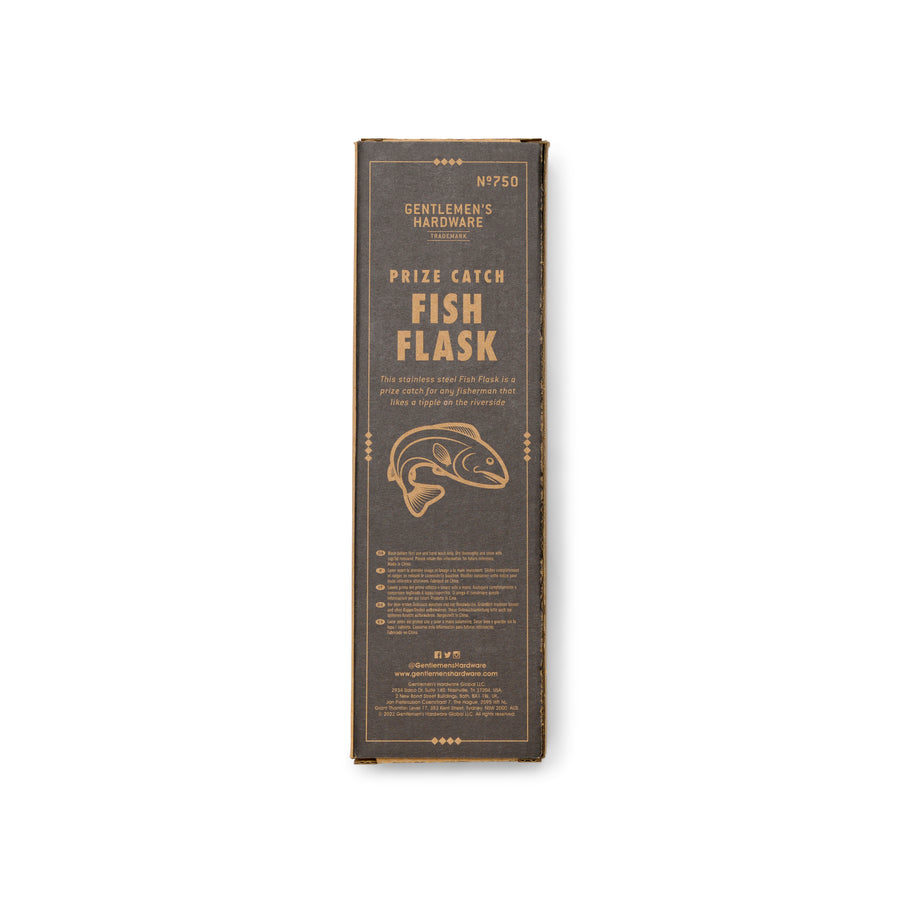 Fish Flask box rear with logo, sku, barcode, and product information