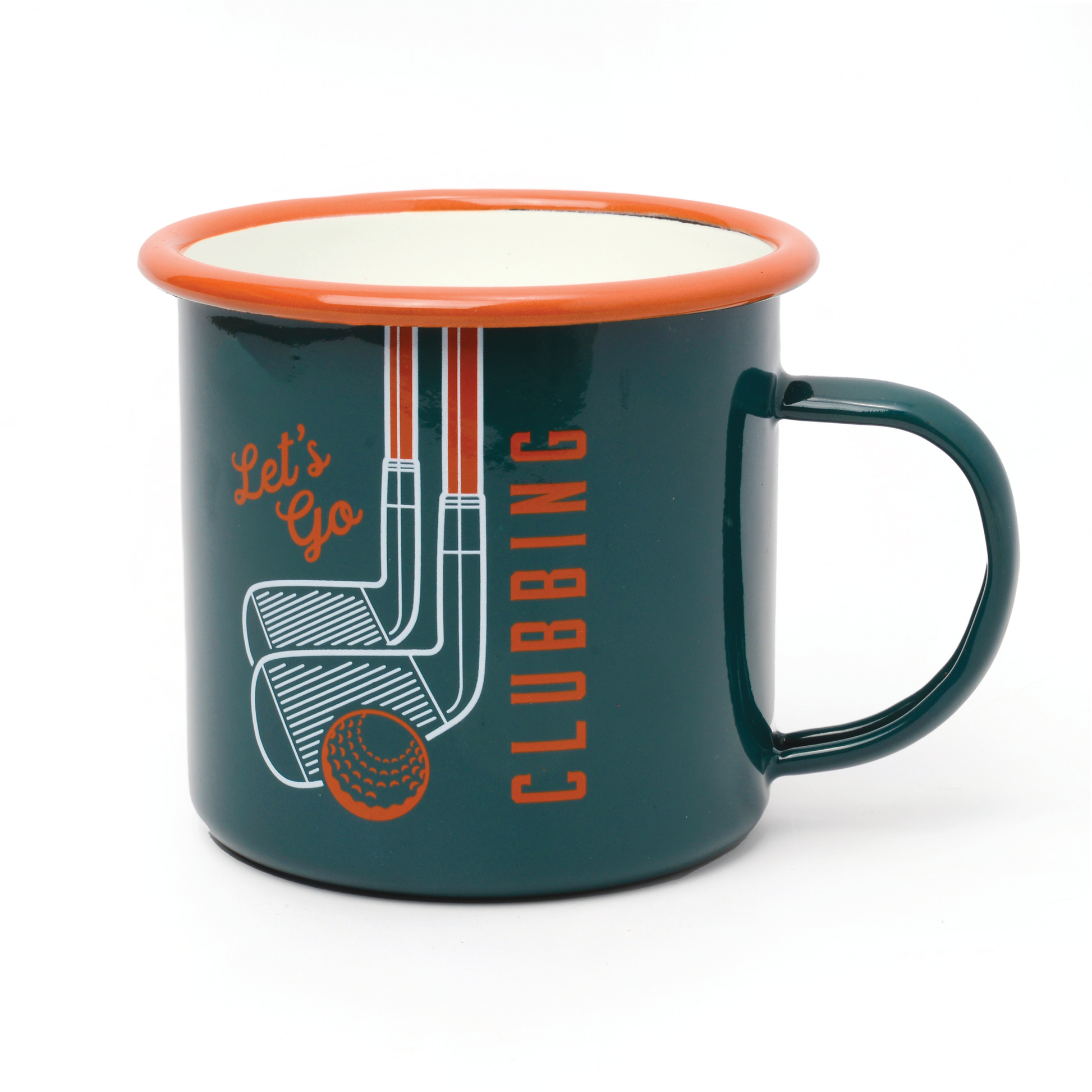 Golf enamel mug with script "Let's Go Clubbing" on a white background